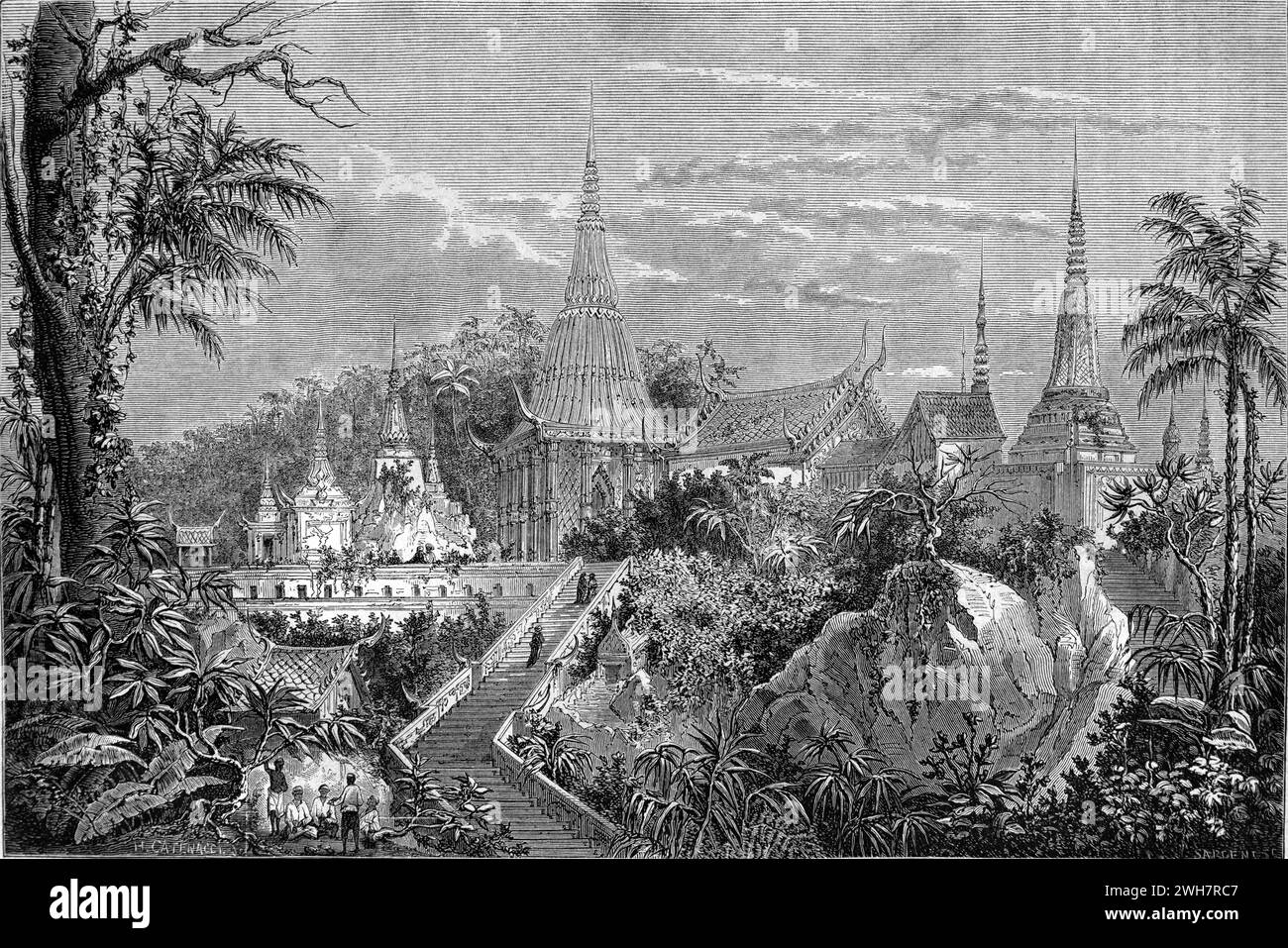 Wat Phrabat Nam Phu Temple or Monastery Topburi near Bangkok Thailand. Vintage or Historic Engraving or Illustration 1863 Stock Photo