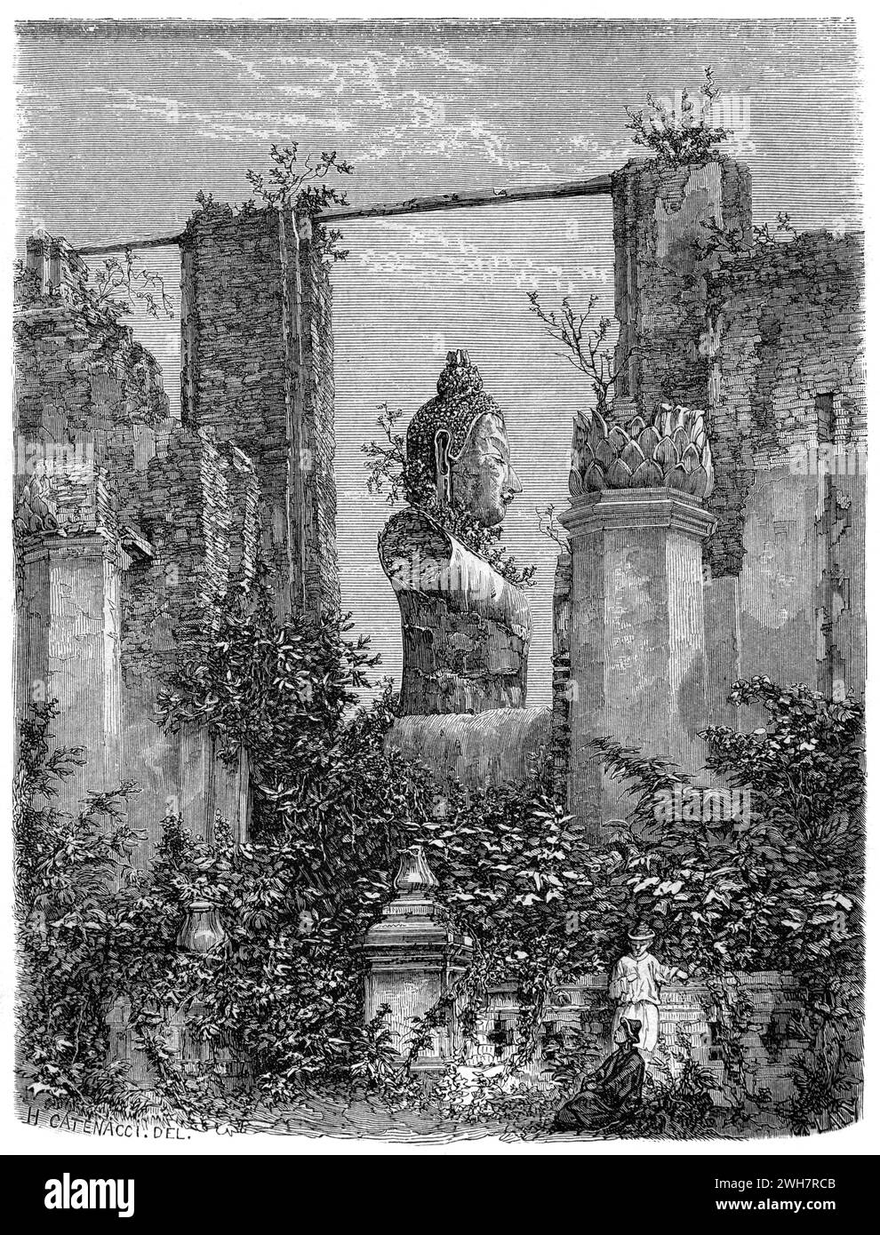 Overground Ruins with Giant Buddha Statue Covered with Creepers & Ivy at Ayutthaya Historical Park Thailand. Vintage or Historical Engraving or Illustration 1863 Stock Photo