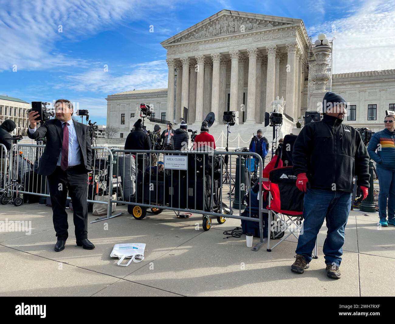 Washington, District Of Columbia, USA. 8th Feb, 2024. Wyoming Secretary of State CHUCK GRAY (left) files a live report in front of the Supreme Court prior to the start of the landmark case on whether former President Donald Trump can be kept off ColoradoÃs primary ballot. He filed an Amicus Curiae brief with the Court, arguing it should reverse the Colorado Supreme CourtÃs decision to bar Donald Trump from the ballot under Section 3 of the 14th Amendment because Trump did not engage in insurrection. (Credit Image: © Sue Dorfman/ZUMA Press Wire) EDITORIAL USAGE ONLY! Not for Commercial USA Stock Photo