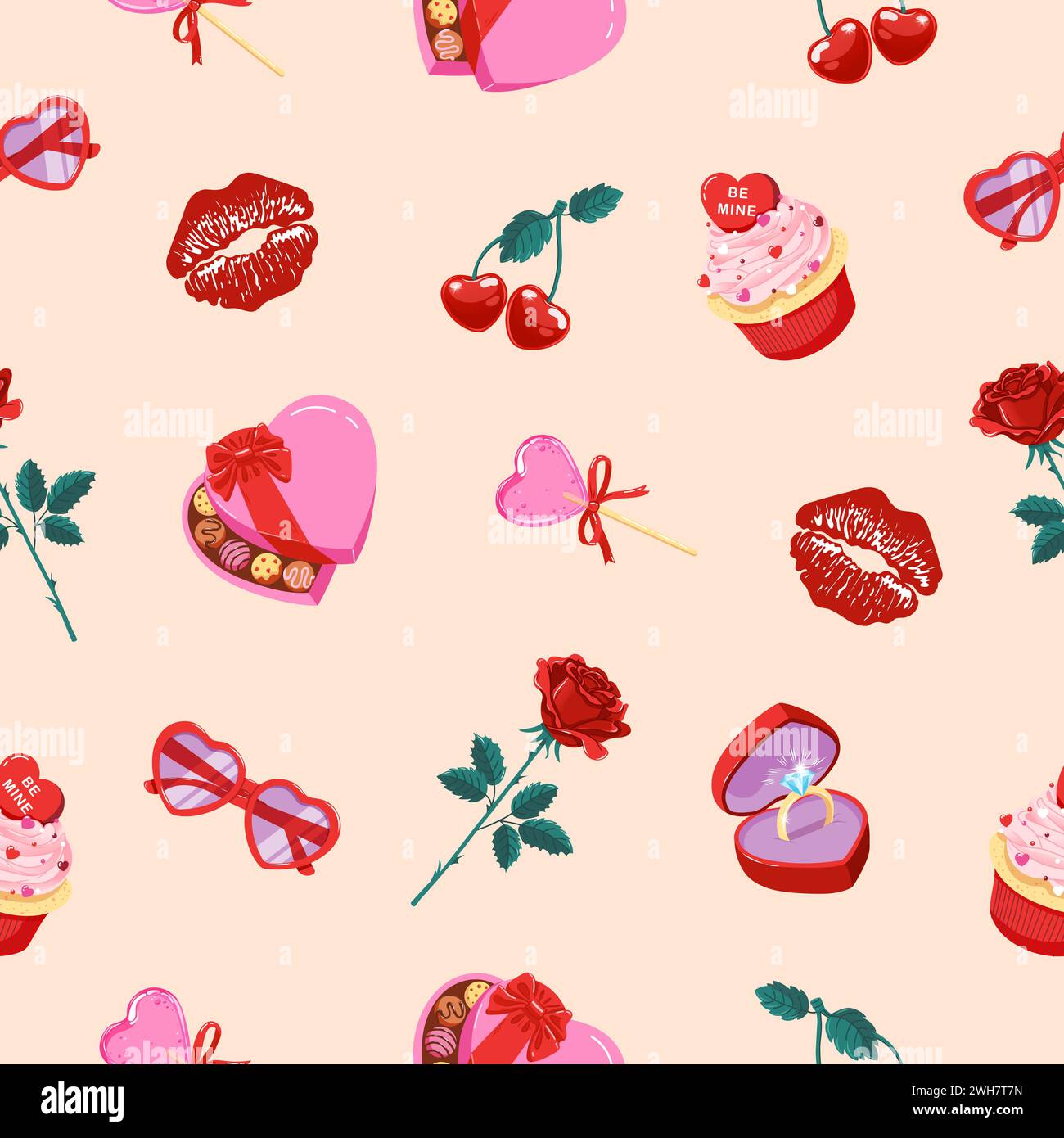 Cute seamless pattern with Valentine's Day items on peach background ...