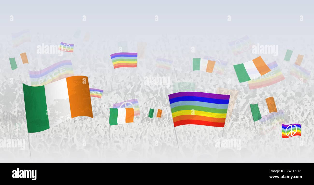 People waving Peace flags and flags of Ireland. Illustration of throng celebrating or protesting with flag of Ireland and the peace flag. Vector illus Stock Vector