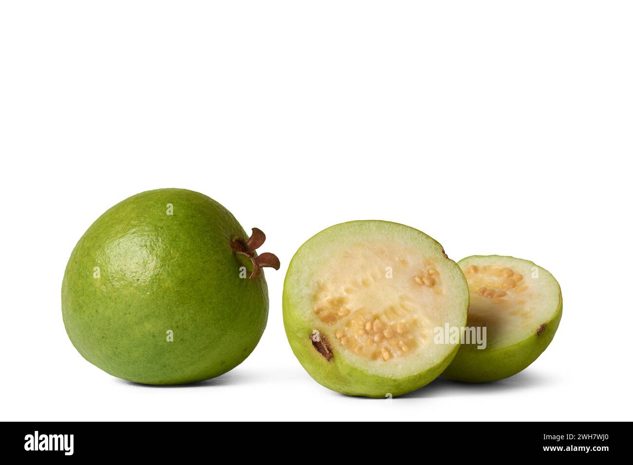 guava isolated on white background, oval shaped common tropical and nutrient-rich fruit that is high in vitamin c, fiber and antioxidants, cutout Stock Photo