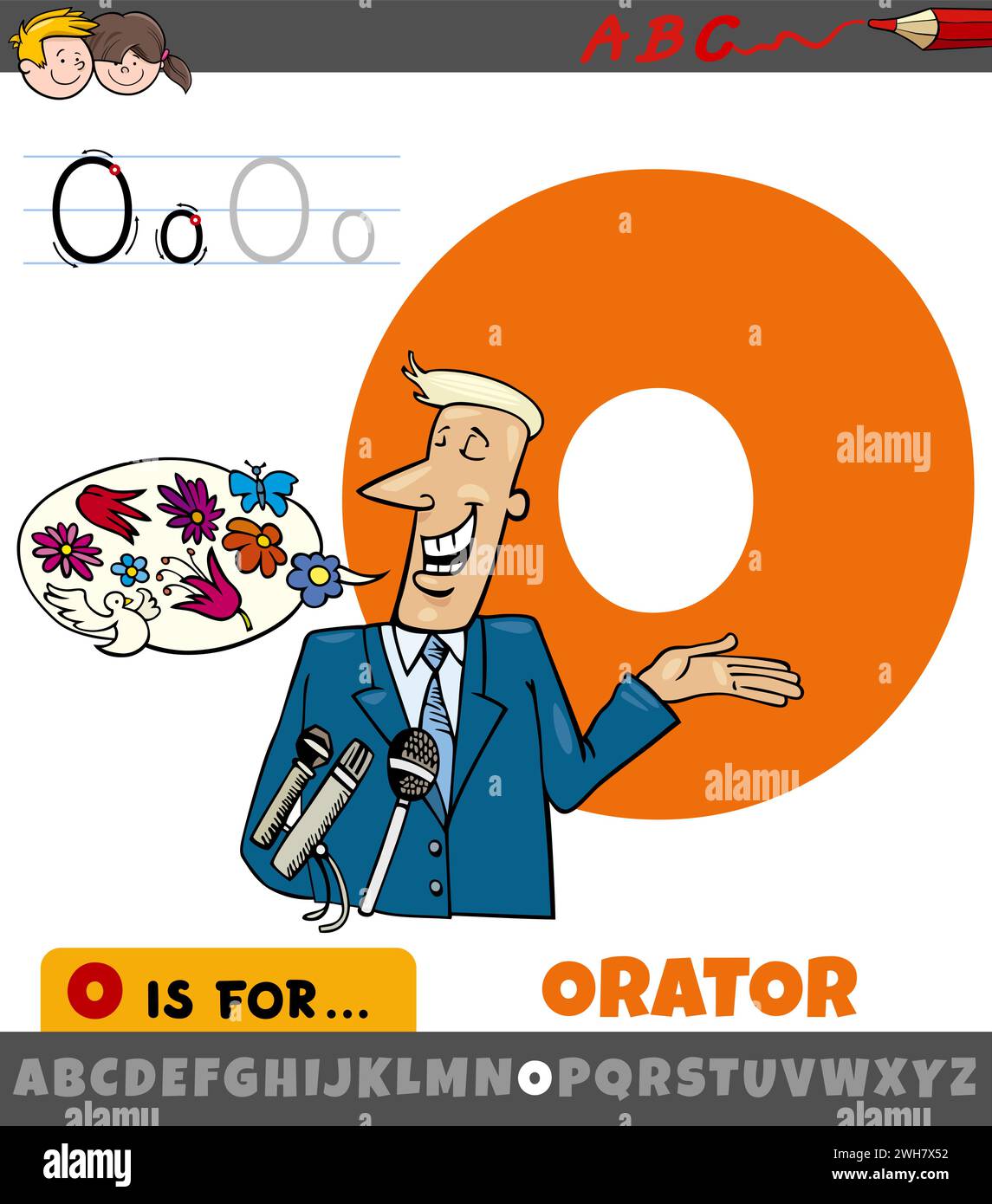 Educational cartoon illustration of letter O from alphabet with orator