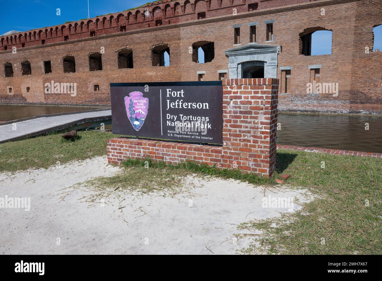 Exterior walls and  sign of Fort Jefferson, Dry Tortugas National Park, Florida, USA. Stock Photo