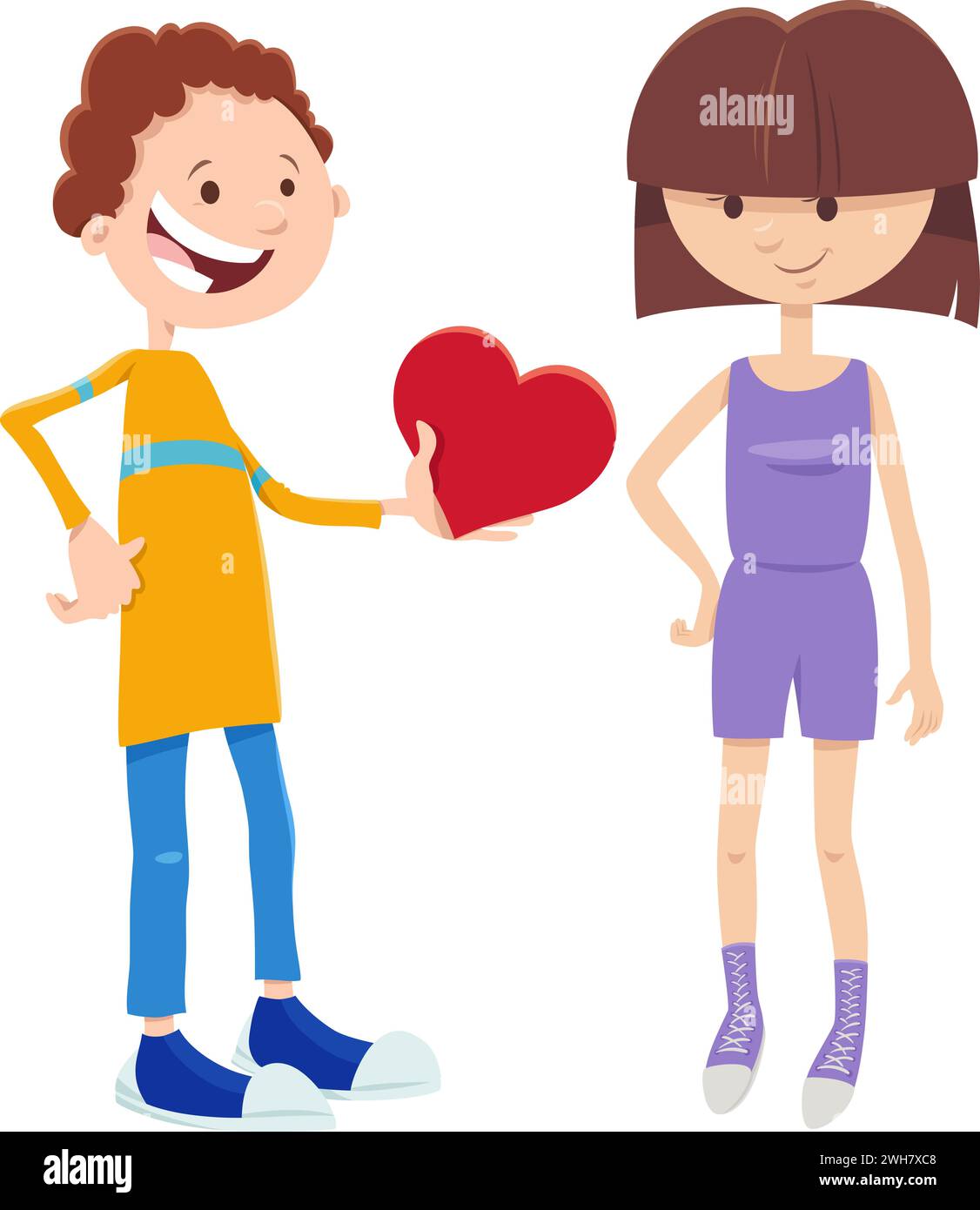 Cartoon illustration with girl and boy characters with Valentines Day ...