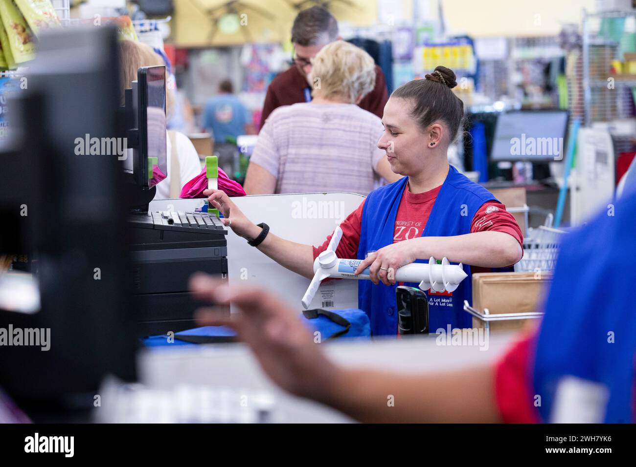 Staff work at the Ocean State Job Lot store on Post Road in North Kingstown, Rhode Island on May 31, 2023. Stock Photo