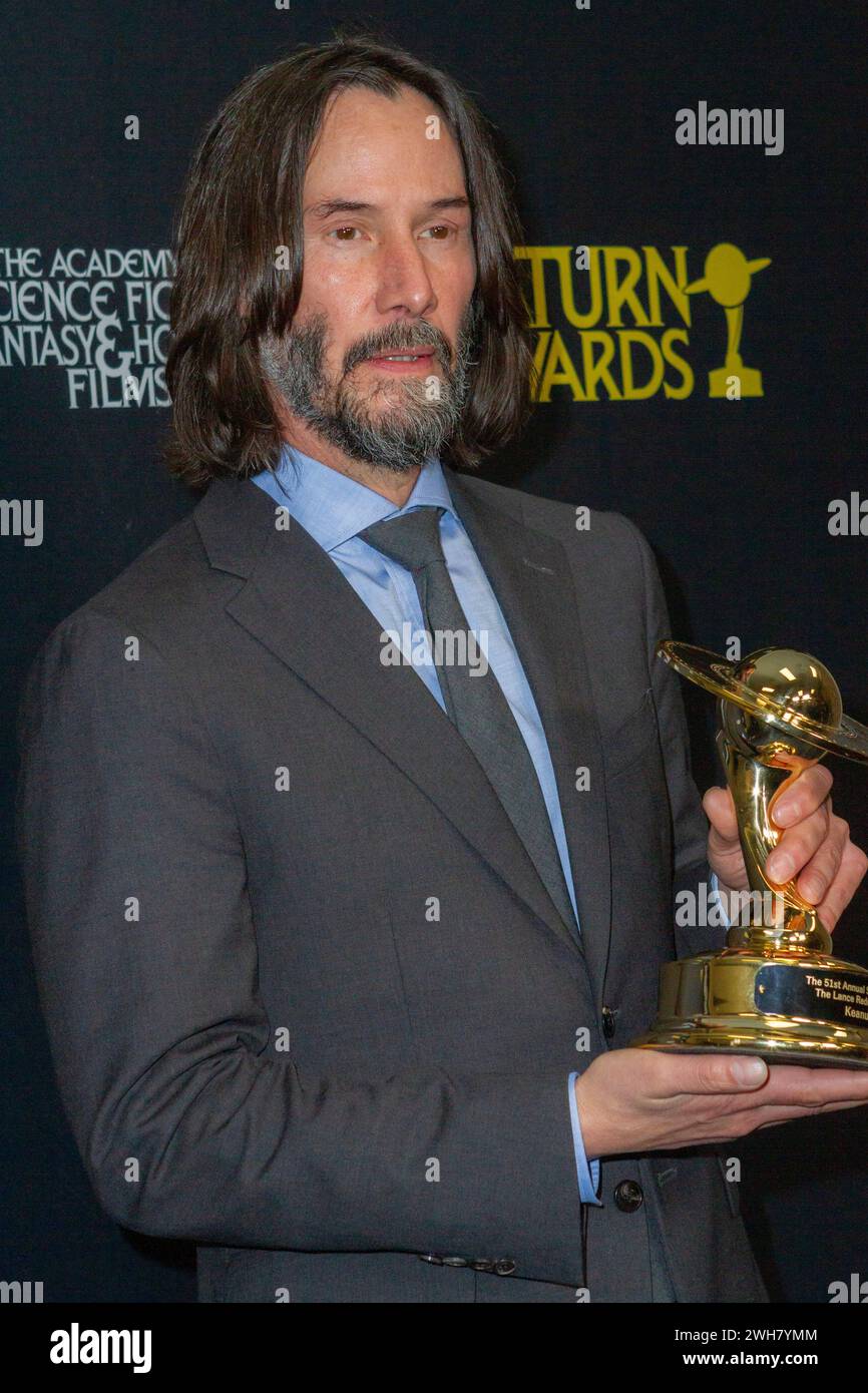 Keanu Reeves in the Press Room for the 51st Annual Saturn Awards held at the L.A. Marriott Burbank Airport Hotel in Burbank, CA on Feb. 4, 2024 Stock Photo