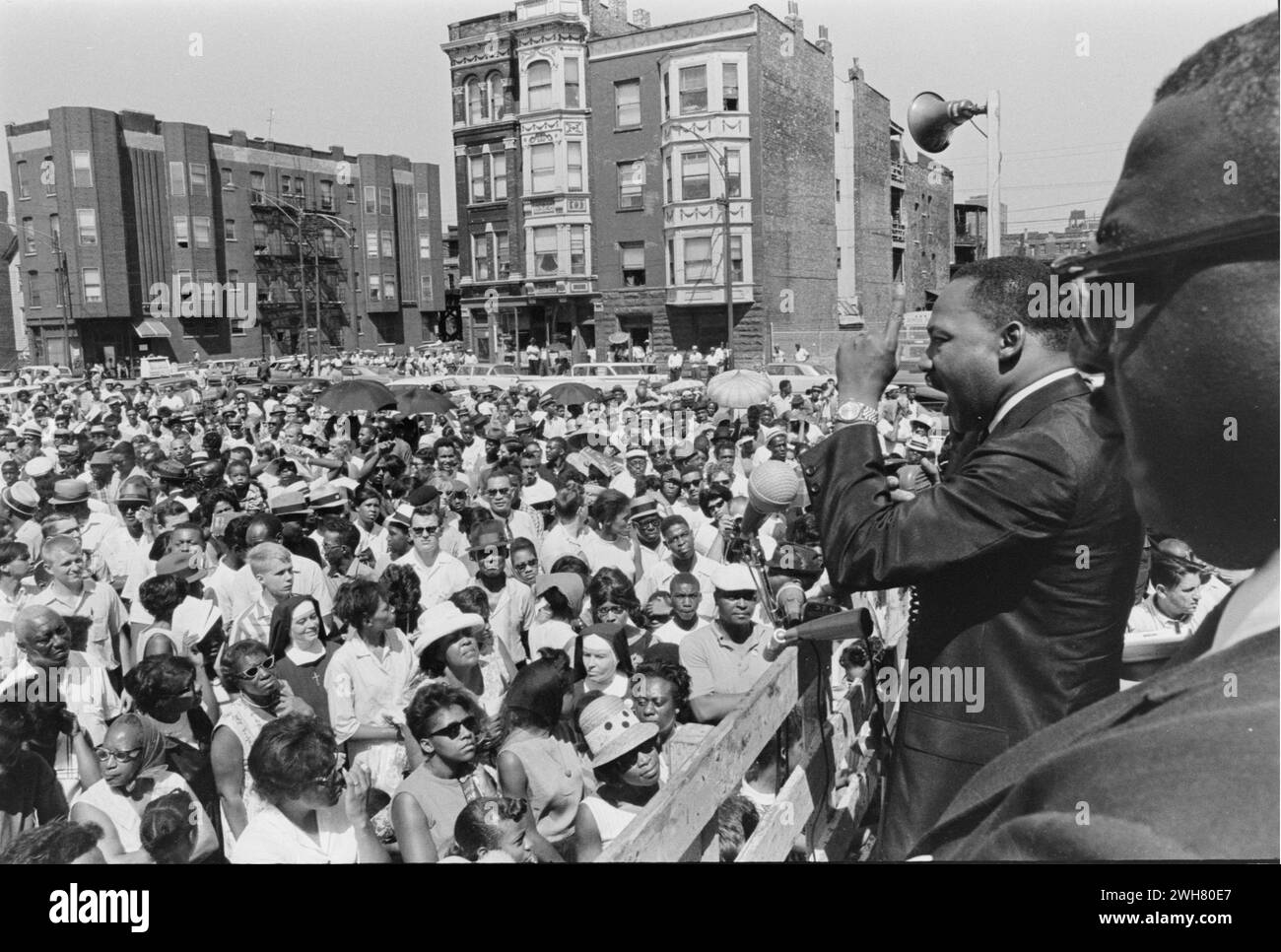 Dr King Speaking to Crowd During a Peaceful Civil Rights Protest in the 1960s in Chicago Stock Photo