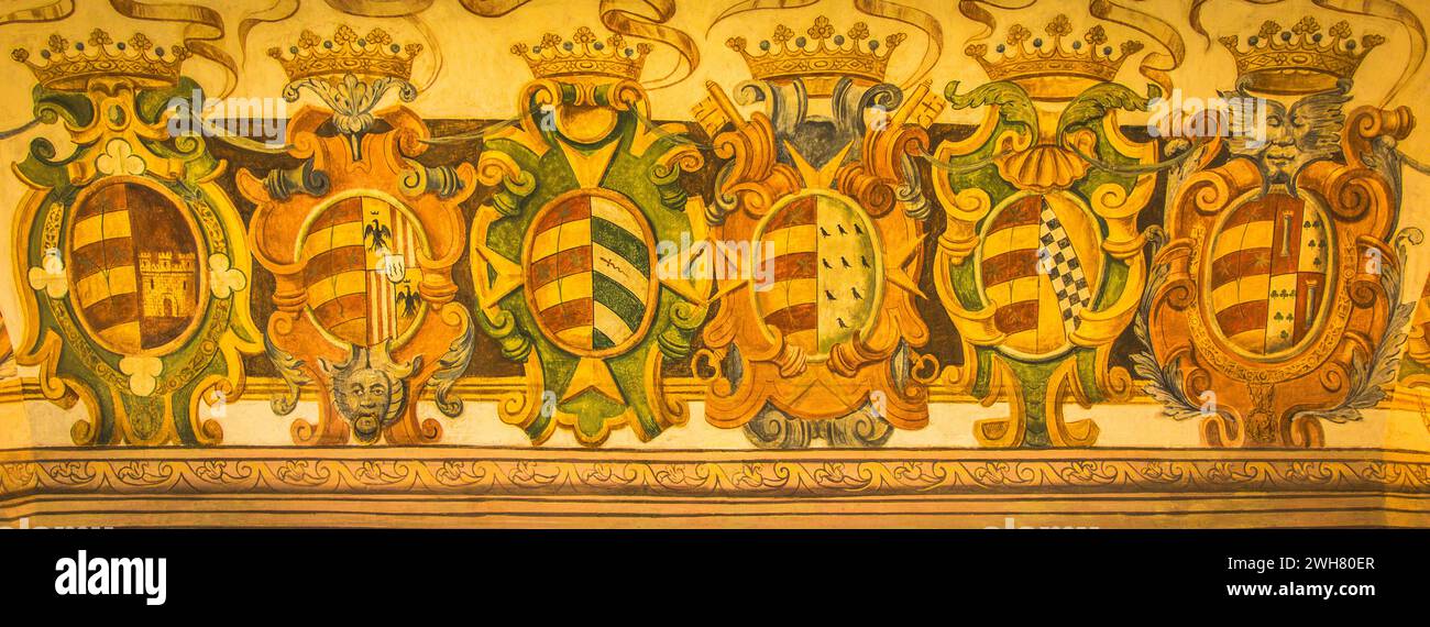 Antique heraldic banner. Medieval decoration ornament, vintage shield shape Stock Photo