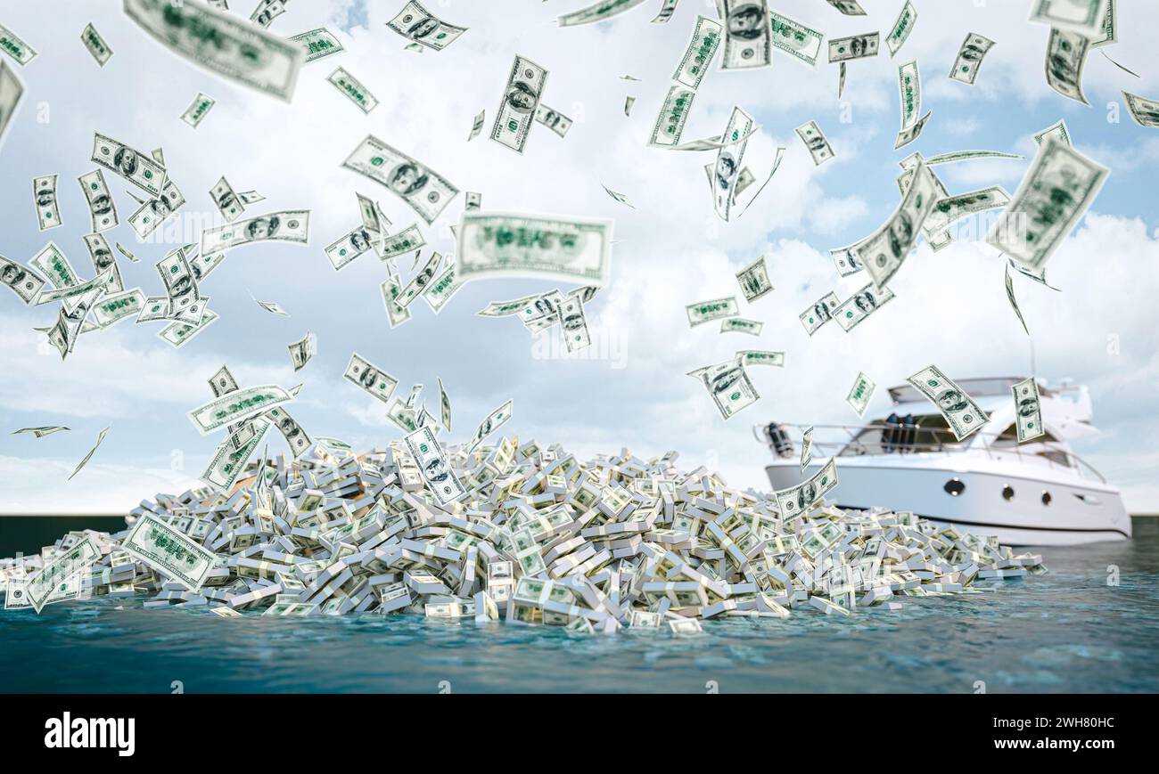 boat in the sea with island of dollars, money falling from the sky. 3d render Stock Photo
