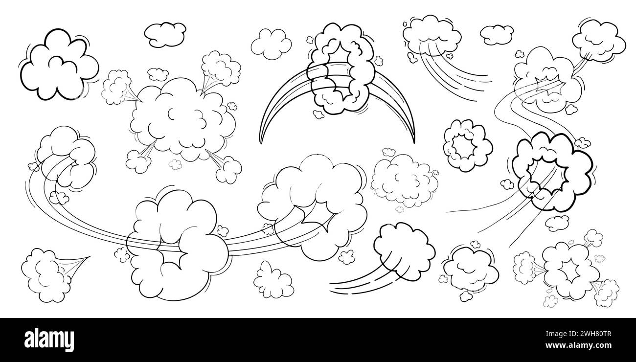 Comic motion effect, clouds speed way, trail set fast wind swirl, puff poof elements isolated on white background. Blow explosion. Vector illustration Stock Vector