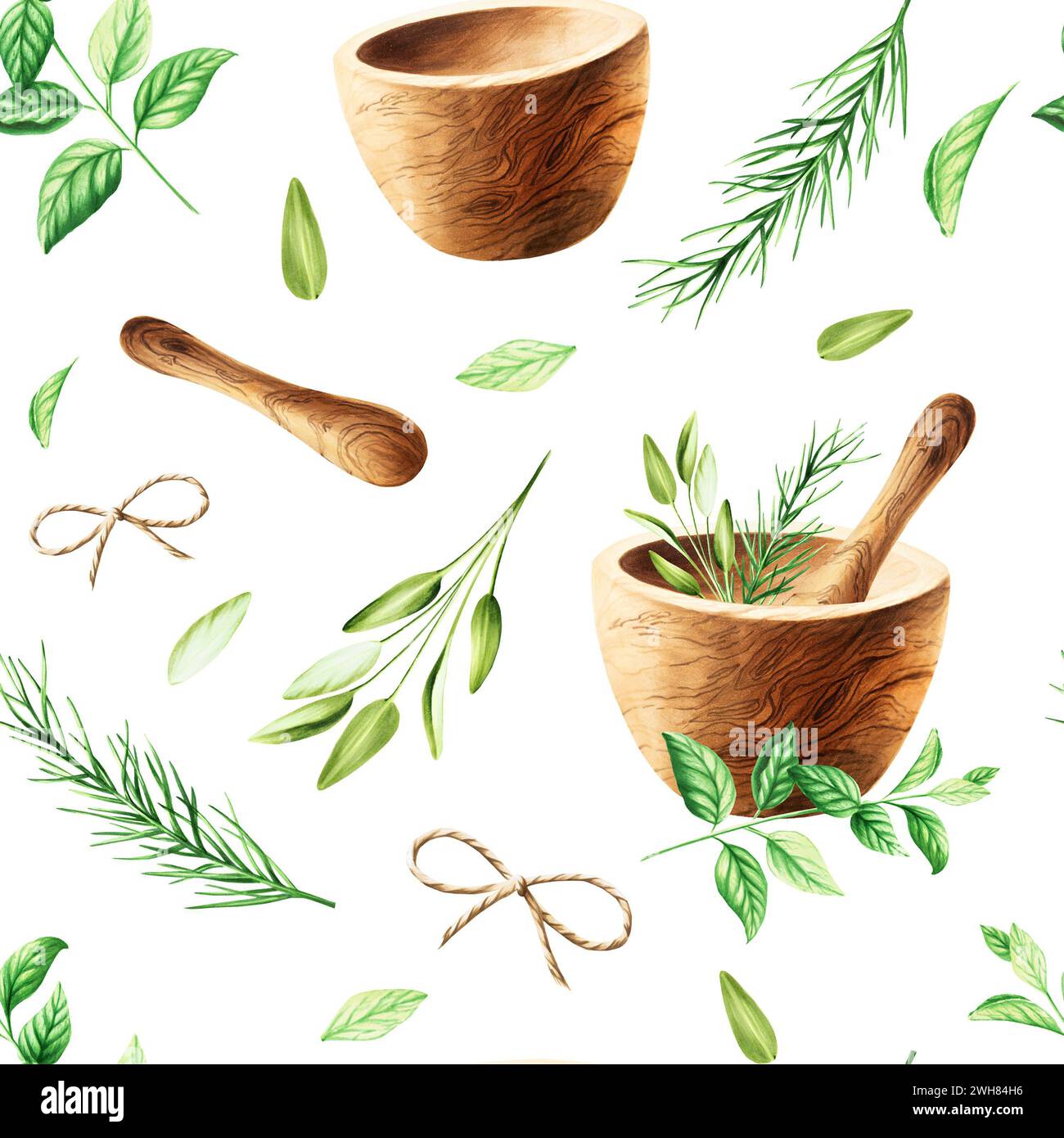 Watercolor seamless pattern with aromatic herbs and wooden mortar and pestle. Illustrations of fresh rosemary, mint, sage isolated on background. Deta Stock Photo
