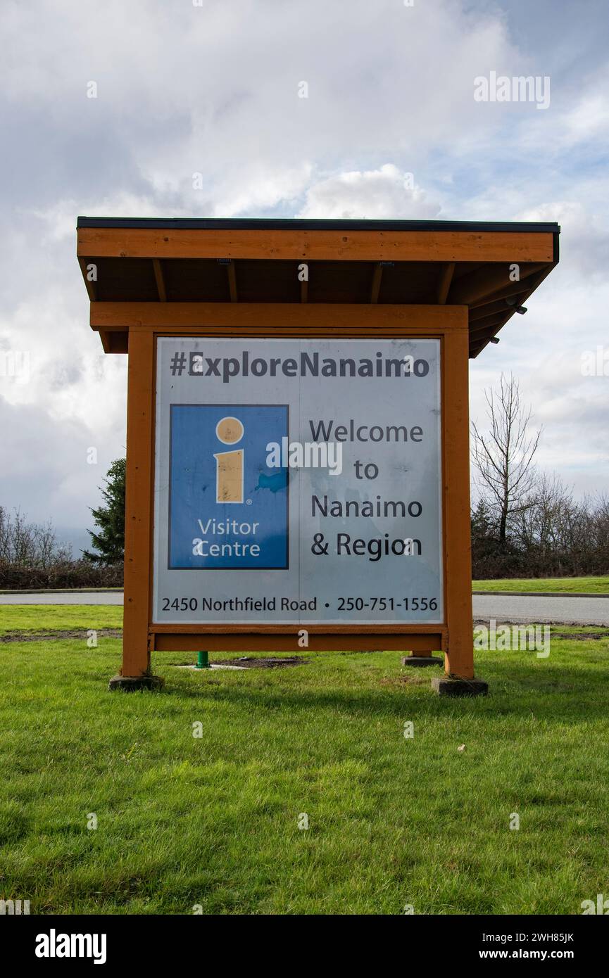 Explore Nanaimo sign at East Wellington Park in Nanaimo, British Columbia, Canada Stock Photo