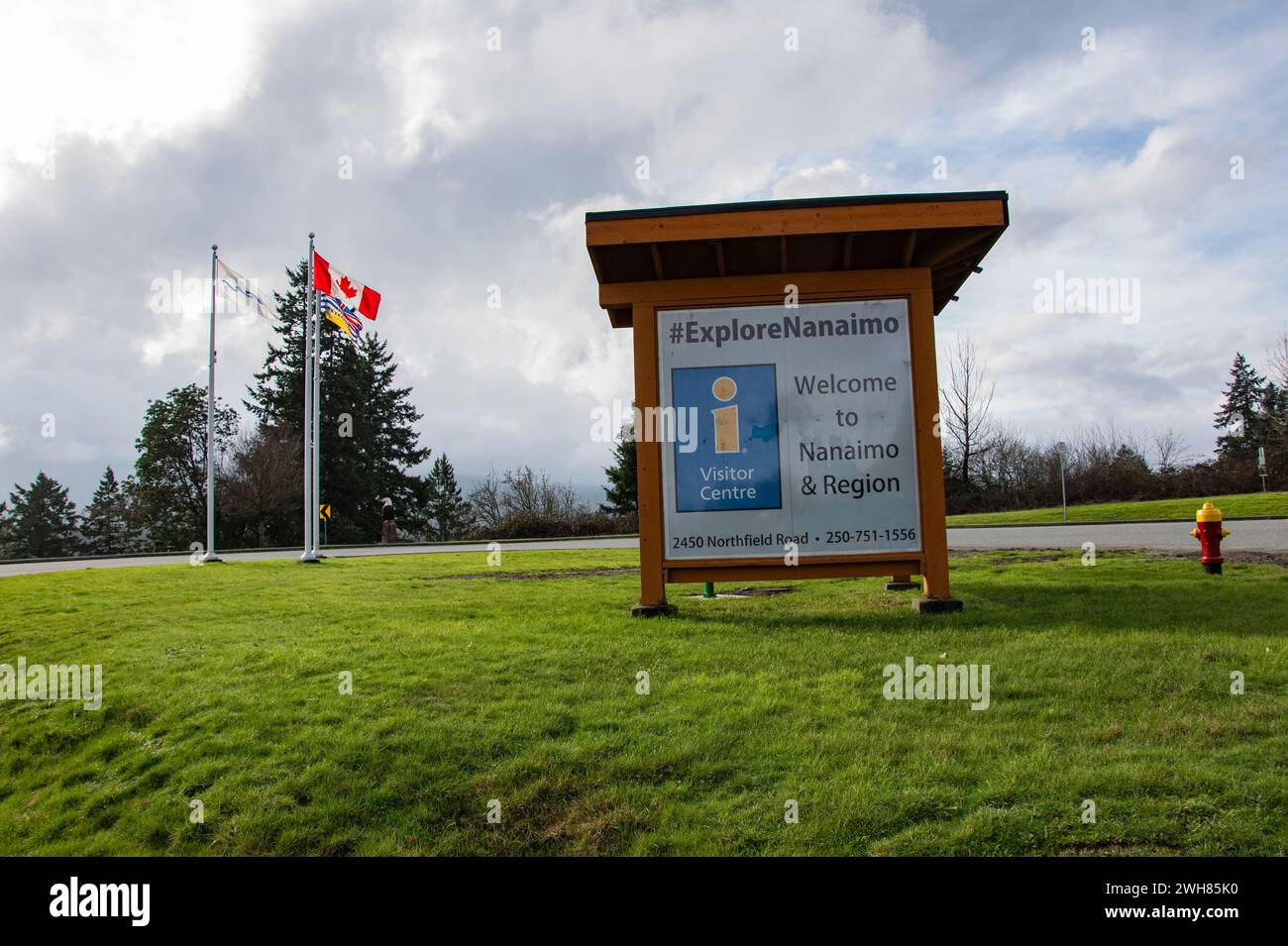 Explore Nanaimo sign at East Wellington Park in Nanaimo, British Columbia, Canada Stock Photo