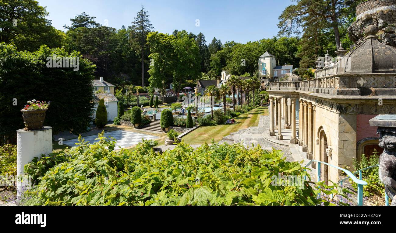 Portmeirion, Minffordd, Gwynedd, Wales, 13, June 2023, Portmeirion Village town square and chessboard, North Wales Stock Photo