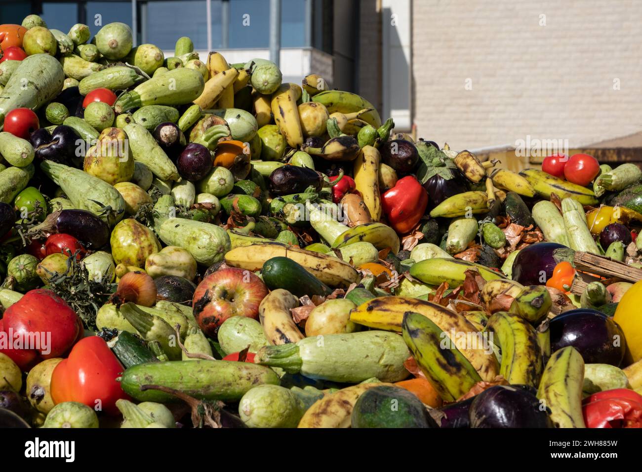Heap of Mix expired Vegetables and fruits at harvest time. Organic bio waste in a huge container