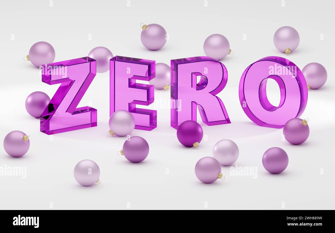 Luxury purple glass inscription zero on grey podium, soft light, front view smooth background, 3d rendering Stock Photo