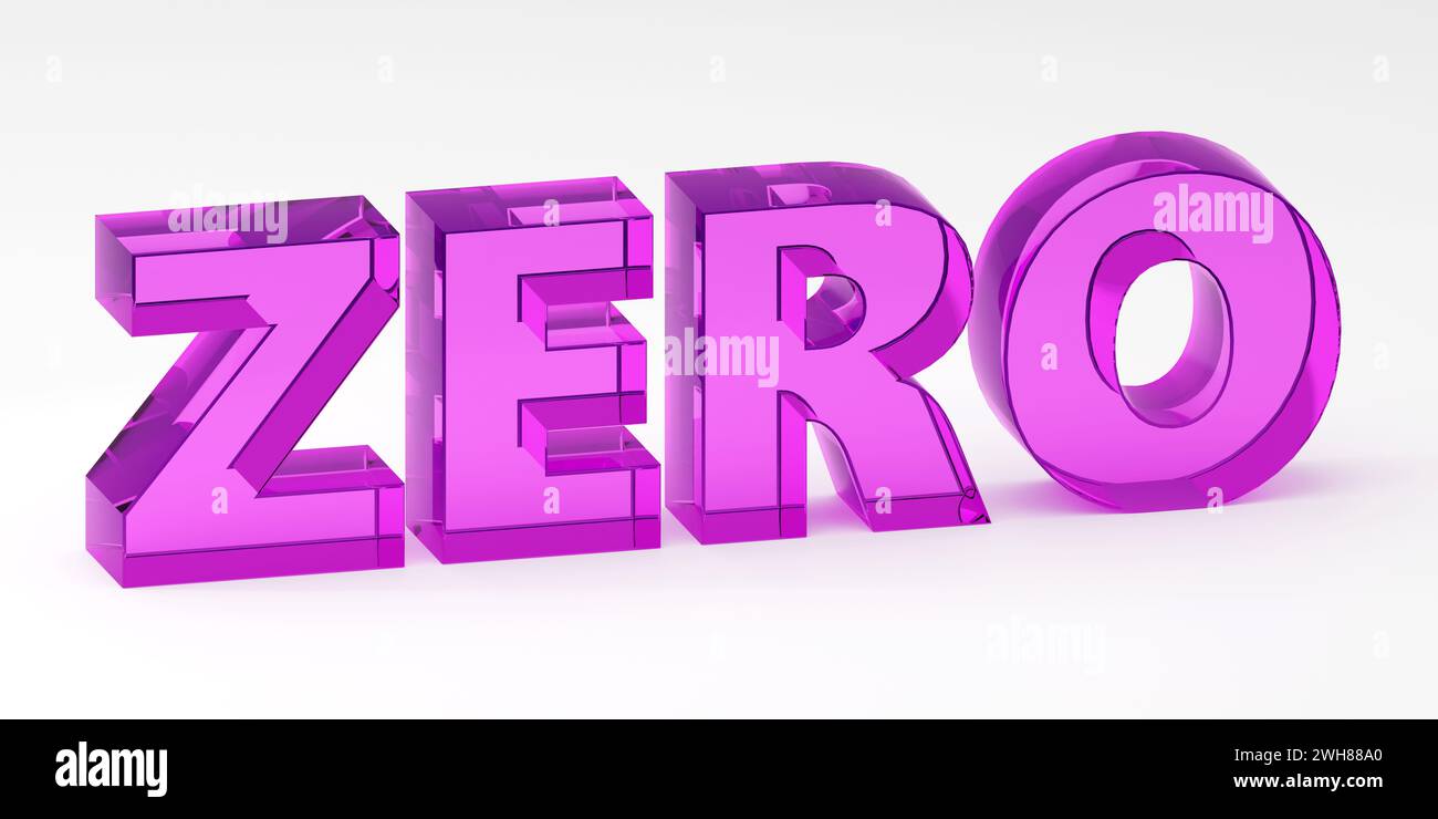 Luxury purple glass inscription zero on grey podium, soft light, front view smooth background, 3d rendering Stock Photo