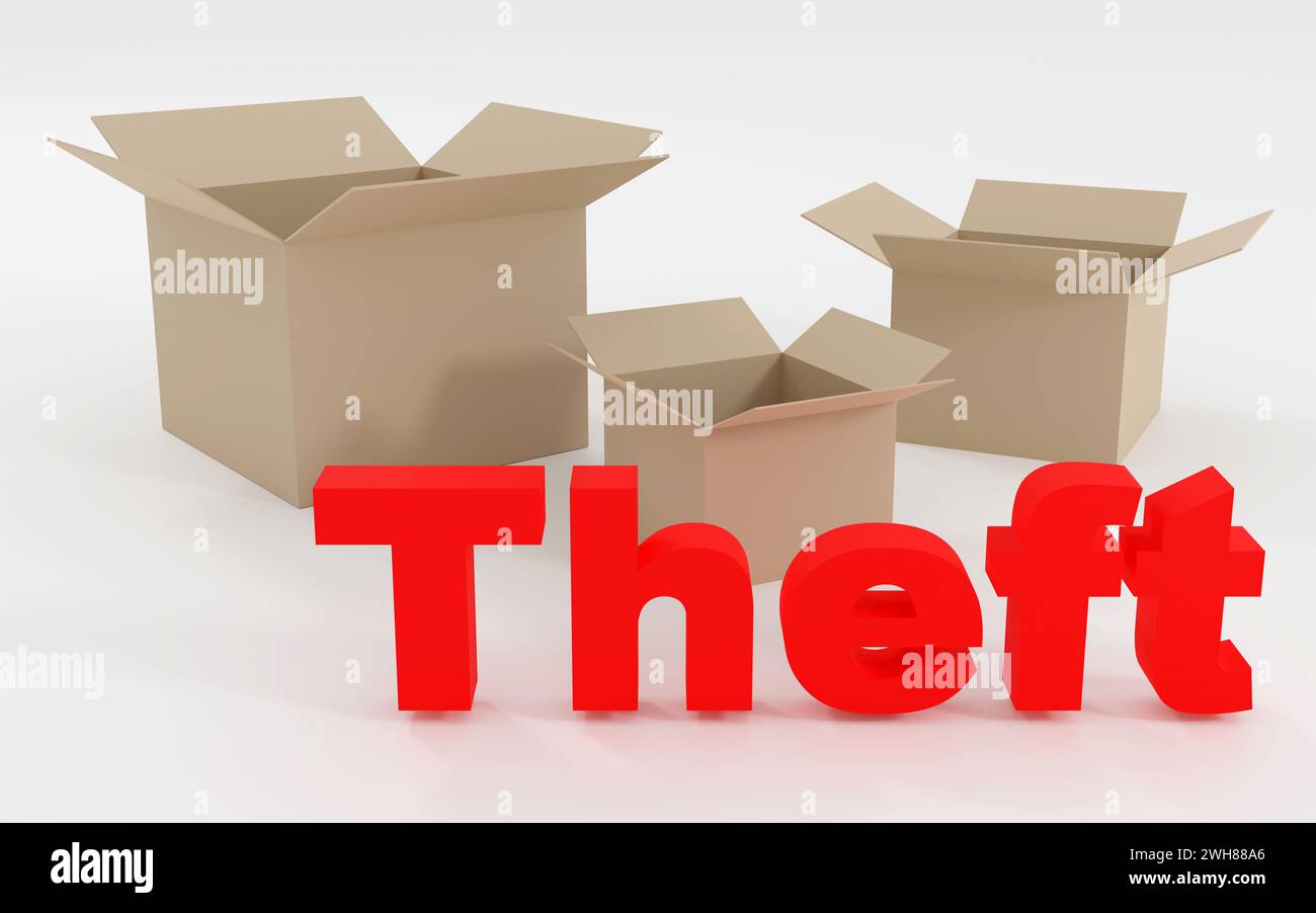 Luxury red inscription theft on grey podium with empty boxes, soft light, front view smooth background, 3d rendering Stock Photo