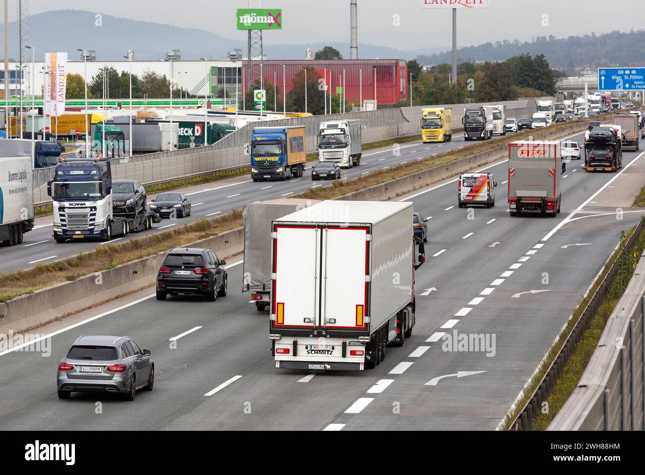 Traffic On The A1 Motorway Near Ansfelden, Upper Austria, Austria Stock Photo