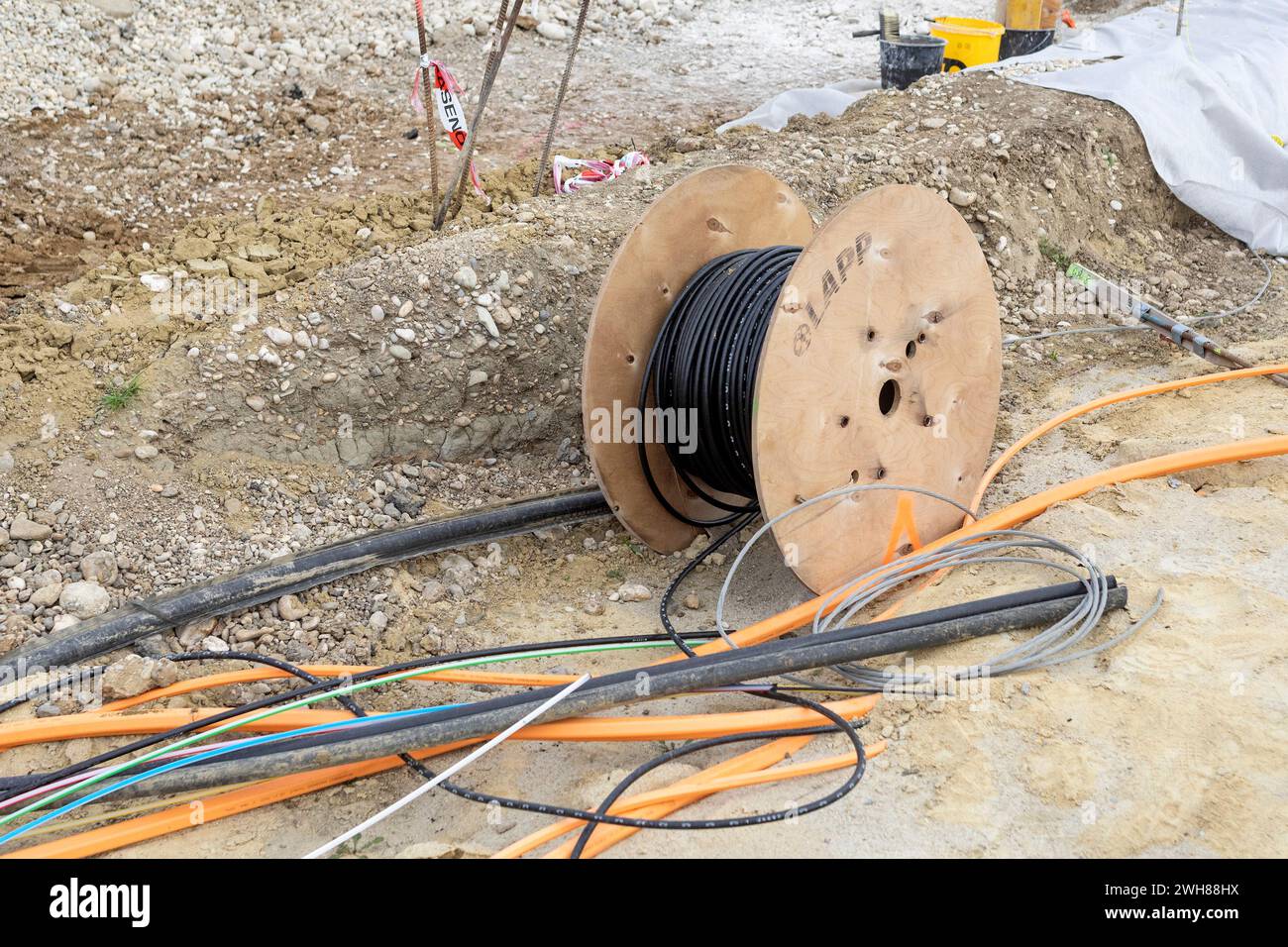 Road Construction Site, Various Cables Stock Photo
