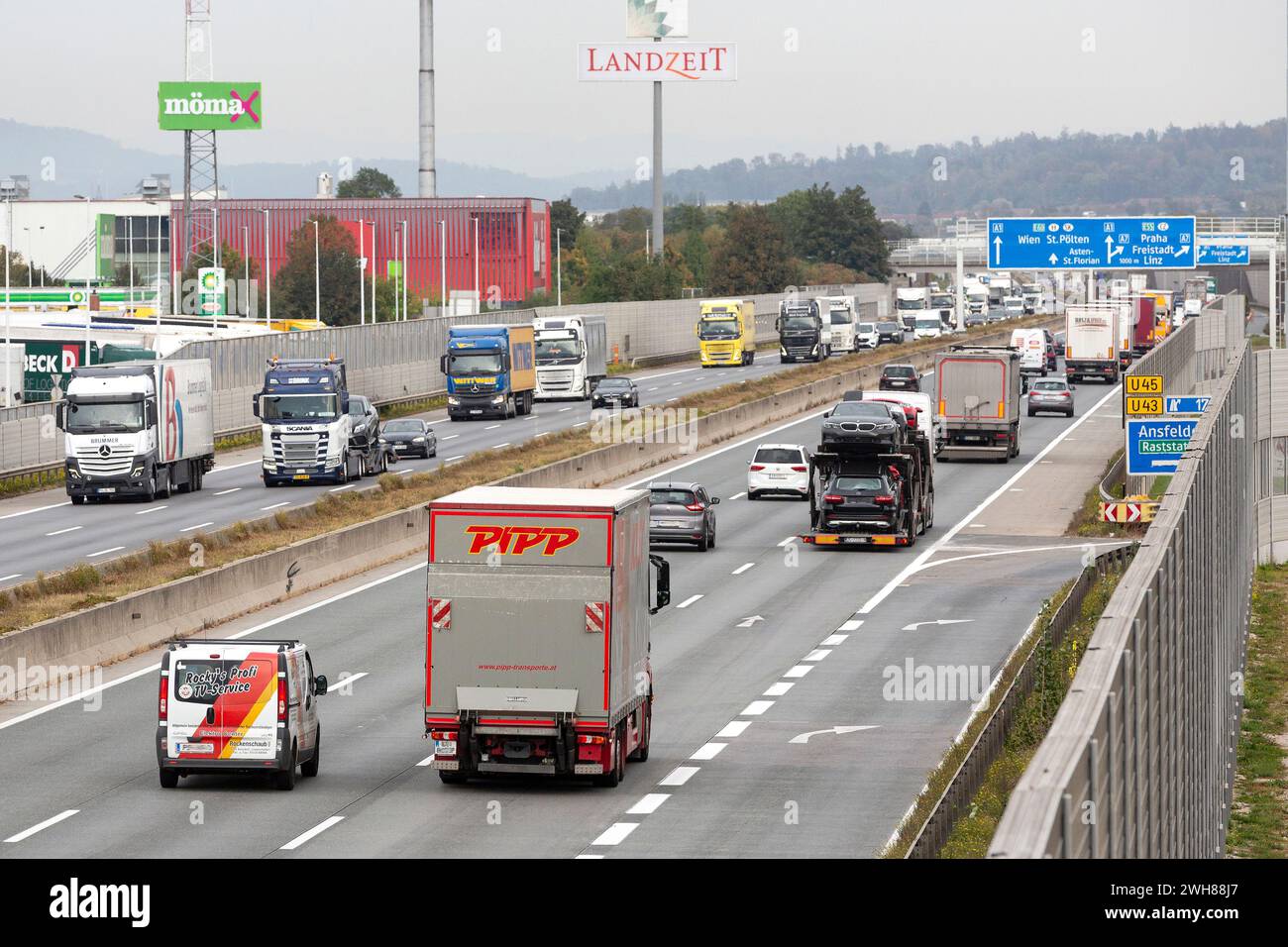 Traffic On The A1 Of The Western Motorway Near Ansfelden, Upper Austria Stock Photo