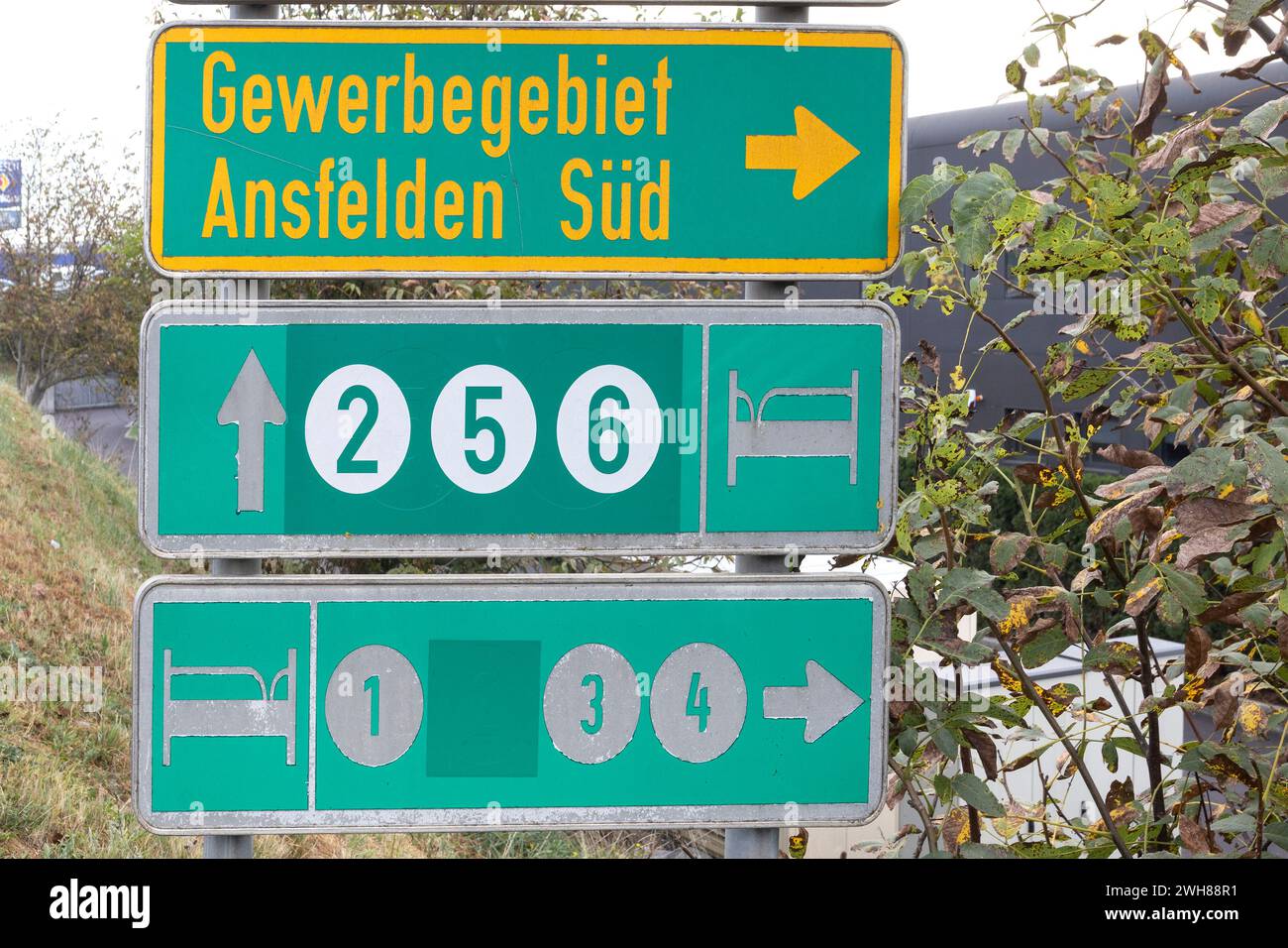 Signpost At Ansfelden In Upper Austria, Business Area And Tourism, Austria Stock Photo