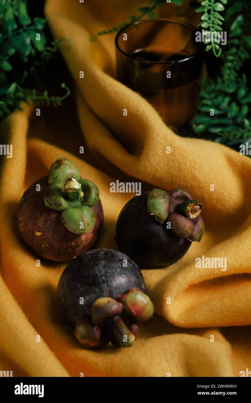 Dramatic still-life set up with three purple Mangosteens, green vines, vibrant yellow felt cloth, and a glass of water. Close-up of sweet tropical fruit. Stock Photo
