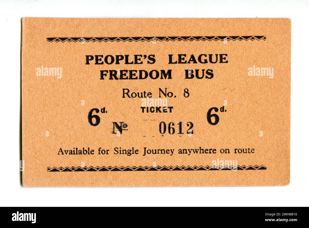 London. 1958 – A ticket specially produced for a single journey on the People’s League Freedom Bus. During the London Bus strike, which lasted from 5 May to 20 June 1958, a right-wing organisation known as ‘The People's League for the Defence of Freedom’ obtained permission to operate a limited bus service on 22 routes around London. This example was issued for use on Route No.8 which ran from Woolwich to Chislehurst. Stock Photo