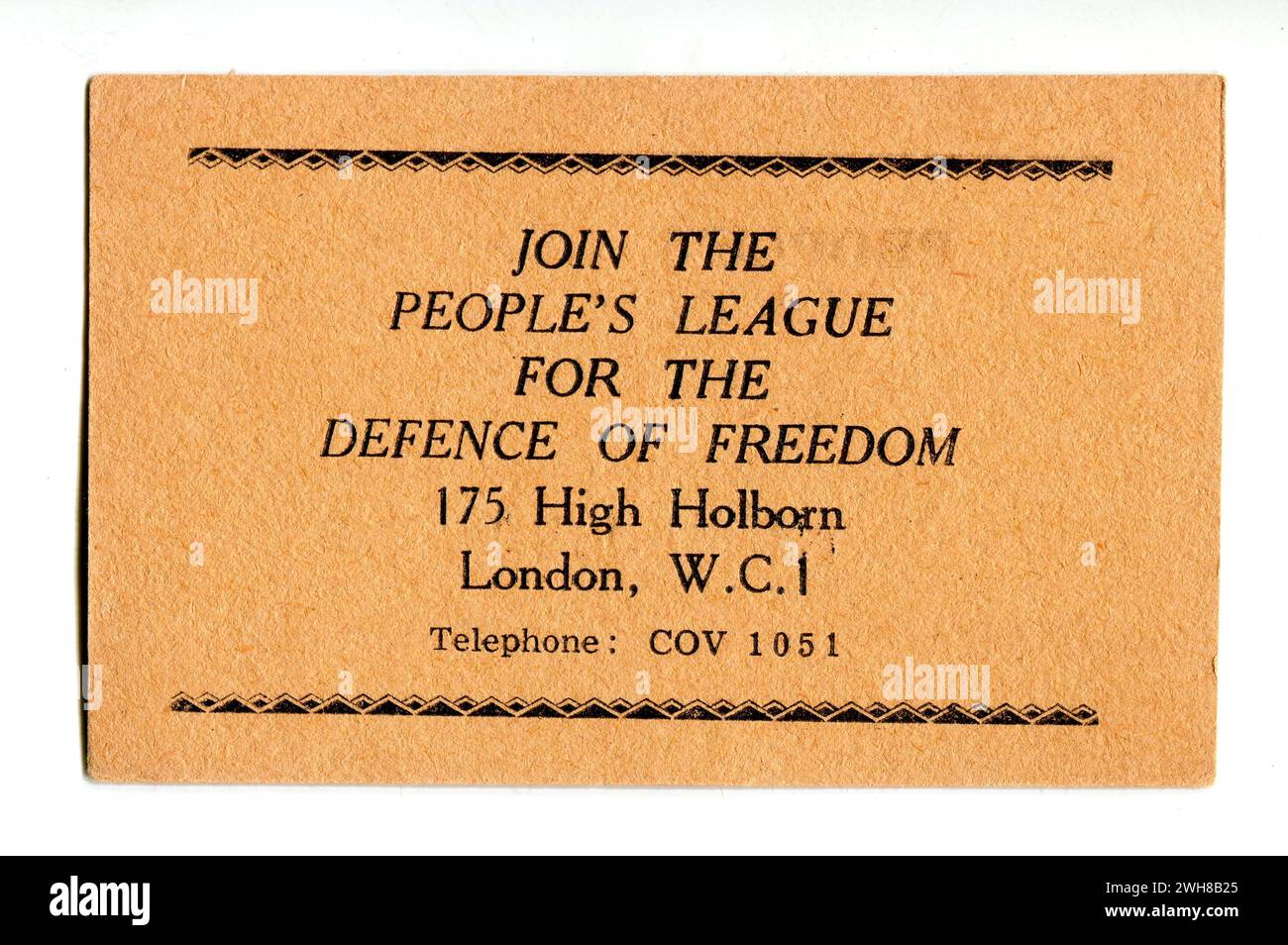 London. 1958 – The reverse of a special ticket produced for a single journey on the People’s League Freedom Bus. During the London Bus strike, which lasted from 5 May to 20 June 1958, a right-wing organisation known as ‘The People's League for the Defence of Freedom’ obtained permission to operate a limited bus service on 22 routes around London. The reverse of the ticket invites the holder to join the organisation, whose head office was located at 175 High Holborn, London, W.C.1. Stock Photo