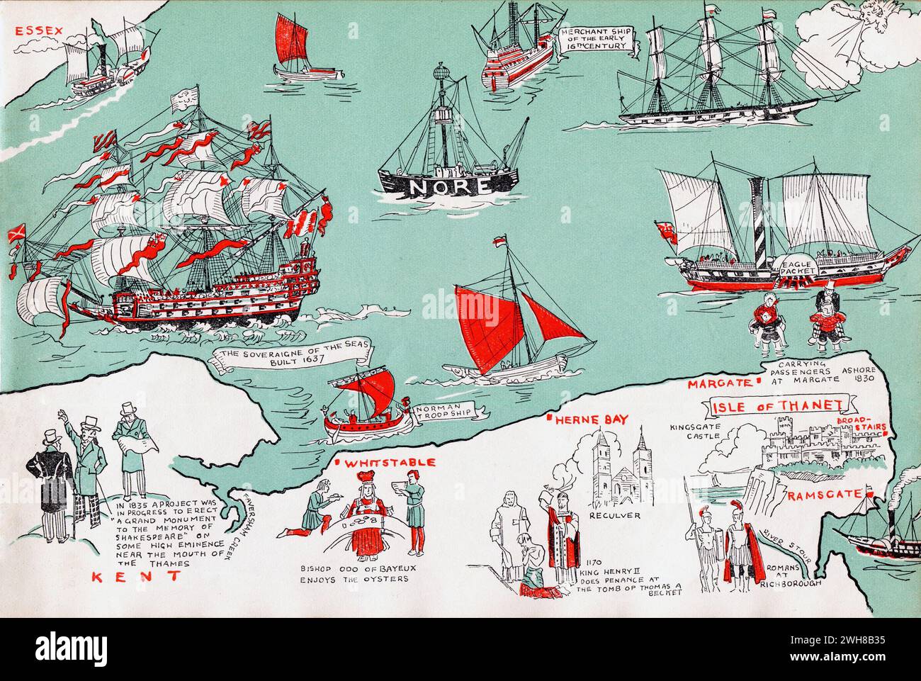 Kent. 1935 – A pictorial map of the Thames Estuary by Helen McKie. This map depicts the stretch of the Thames Estuary including The Nore. It is decorated with cartoon images depicting locations of historical interest. Stock Photo