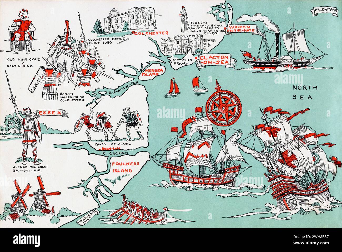 Essex. 1935 – A pictorial map of the Essex coast by Helen McKie. This map depicts the stretch of the Essex Coast from Foulness Island to Walton-on-the-Naze. It is decorated with cartoon images depicting locations of historical interest. Stock Photo