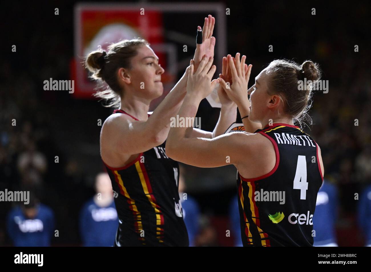 Antwerp, Belgium. 08th Feb, 2024. Belgium's Emma Meesseman and Belgium's Elise Ramette pictured ahead of a basketball match between Belgian national women team 'the Belgian Cats' and the USA, Thursday 08 February 2024 in Antwerp, during the FIBA Women's basketball qualification tournament for the 2024 Summer Olympics in Paris, France. BELGA PHOTO DIRK WAEM Credit: Belga News Agency/Alamy Live News Stock Photo