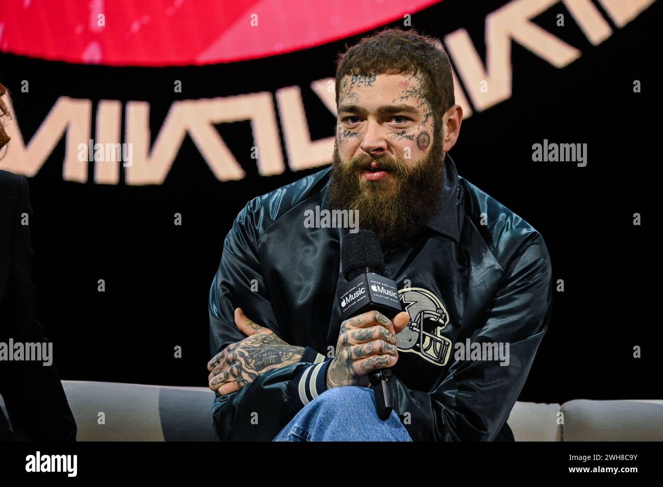 Las Vegas, USA. 08th Feb, 2024. Post Malone speaks on stage during the