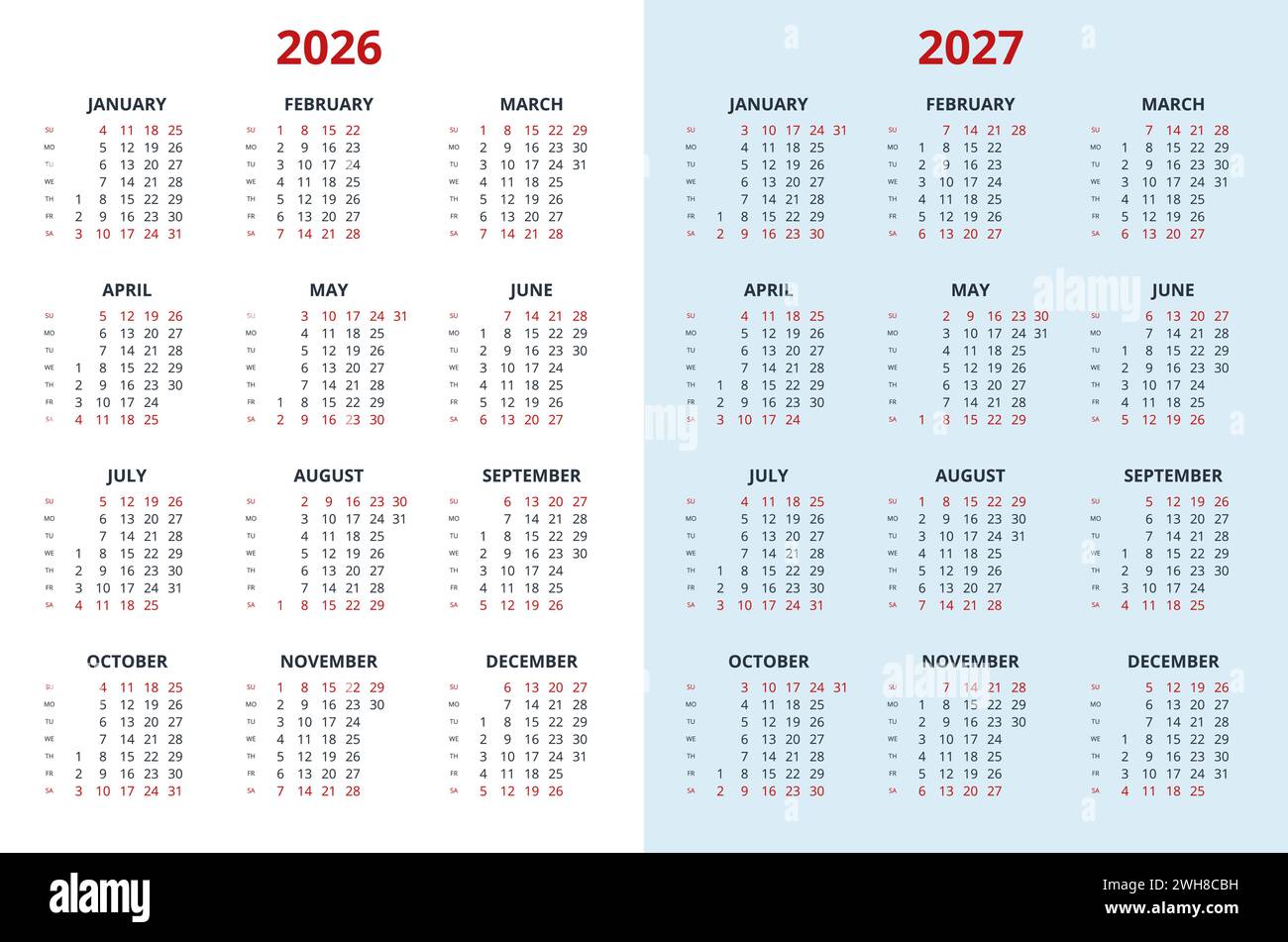 Quarter calendar template for 2026, 2027 year. Wall calendar grid in a