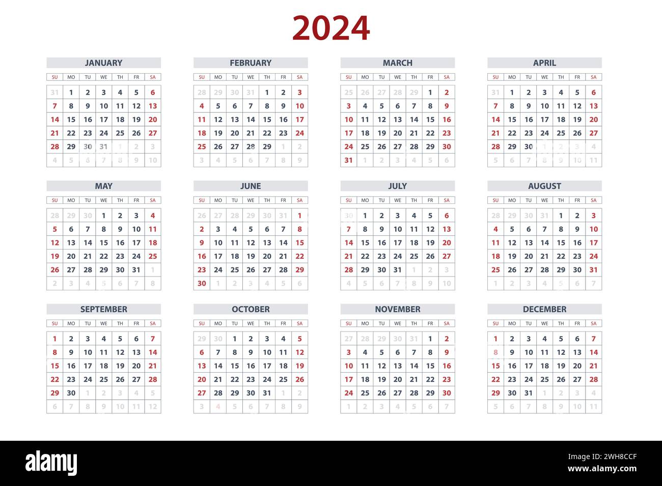 Quarter calendar template for 2024 year. Wall calendar grid in a