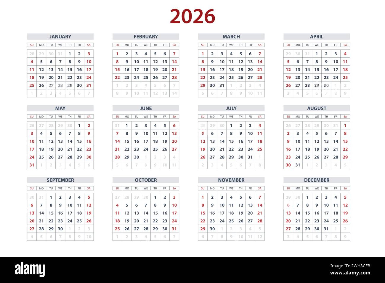 Quarter calendar template for 2026 year. Wall calendar grid in a ...