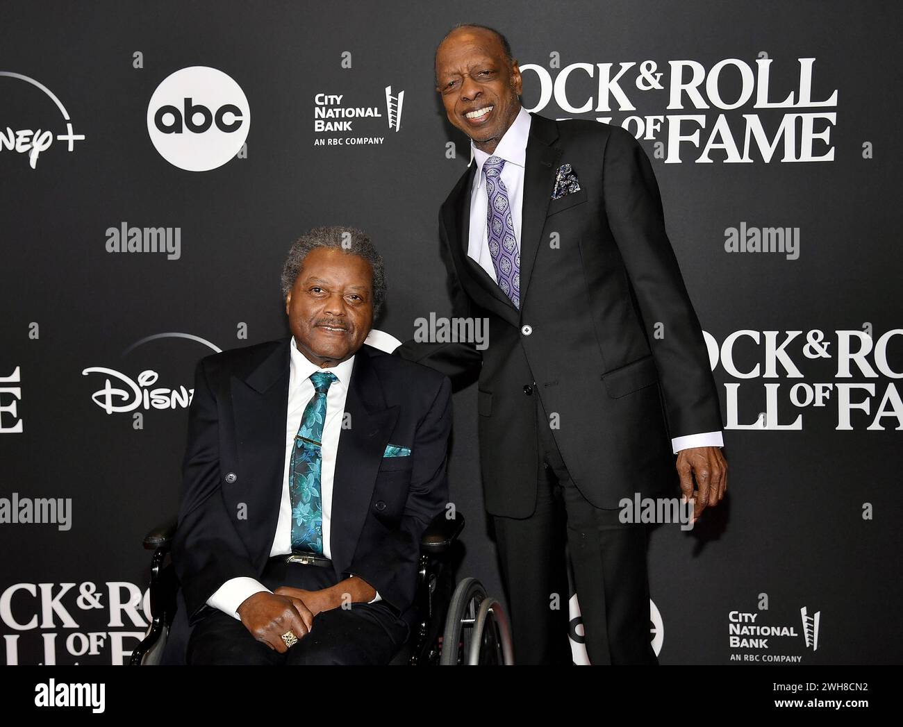 John Edwards, left, and Henry Fambrough of The Spinners arrives at the Rock & Roll Hall of Fame
