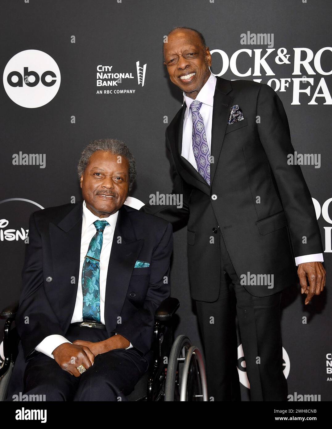 John Edwards, left, and Henry Fambrough of The Spinners arrives at the