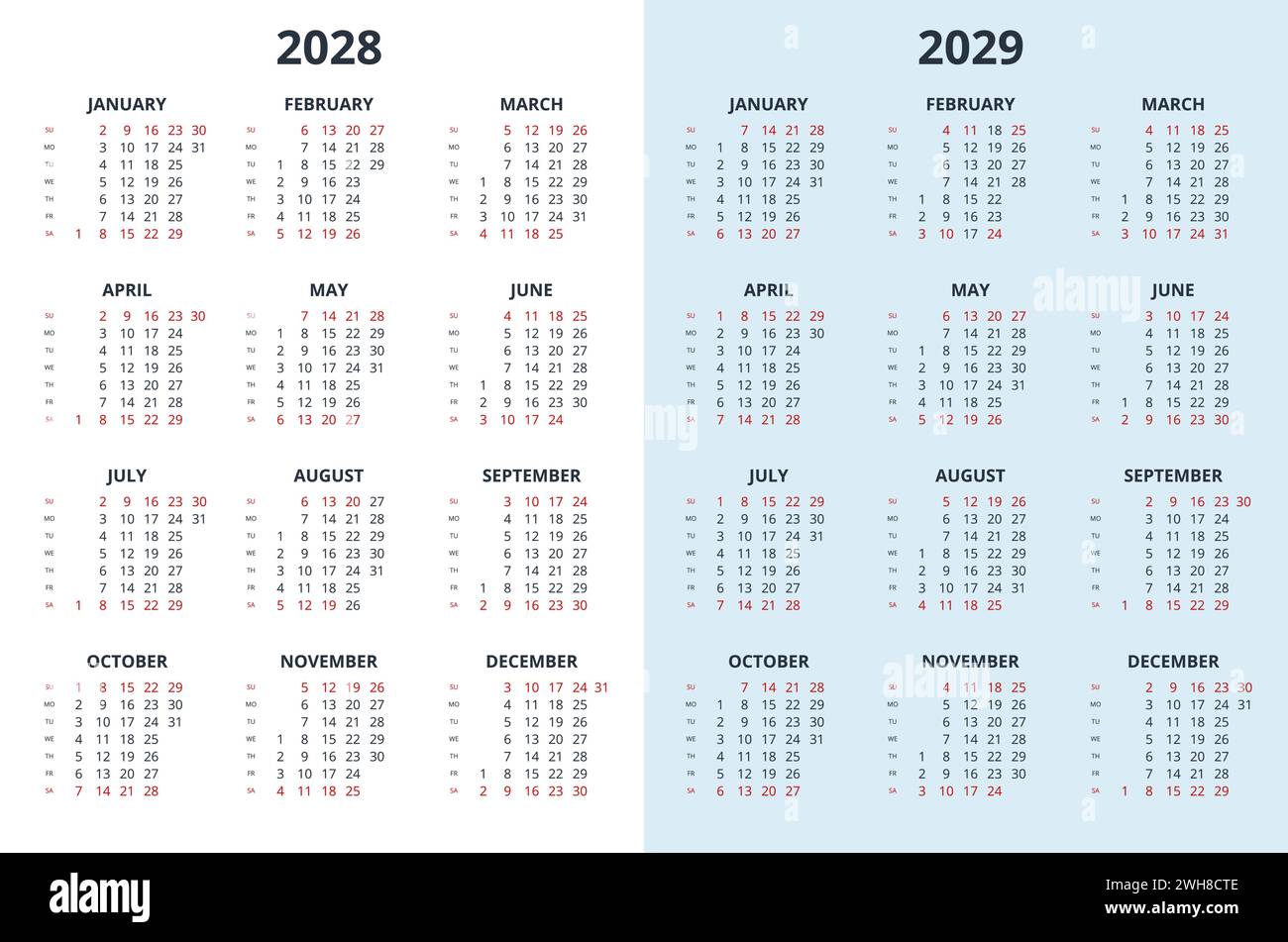 Calendar template for 2028, 2029 year. Wall calendar grid in a ...