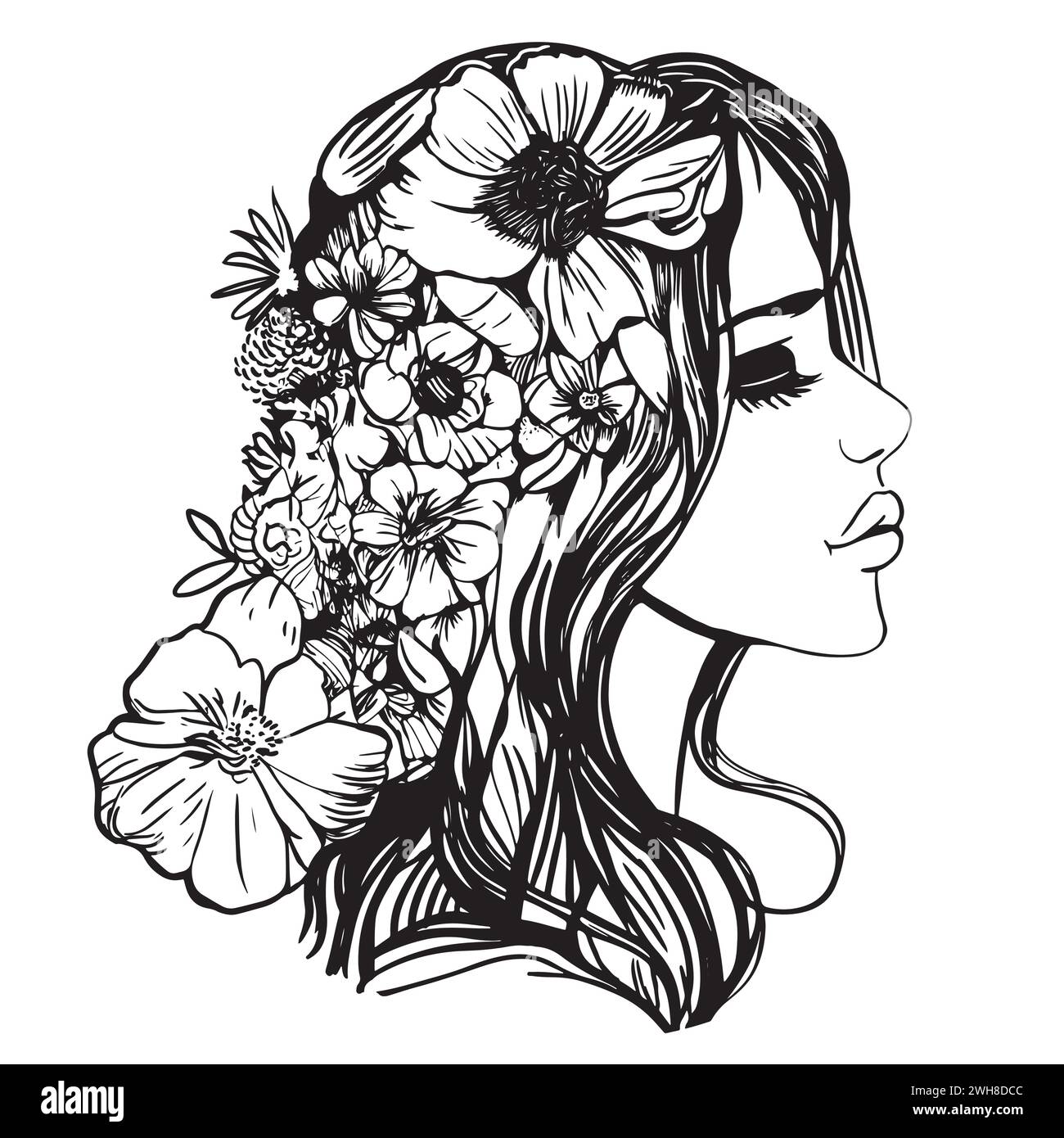 Doodle girl with flowers in her hair. Women portrait for adult coloring