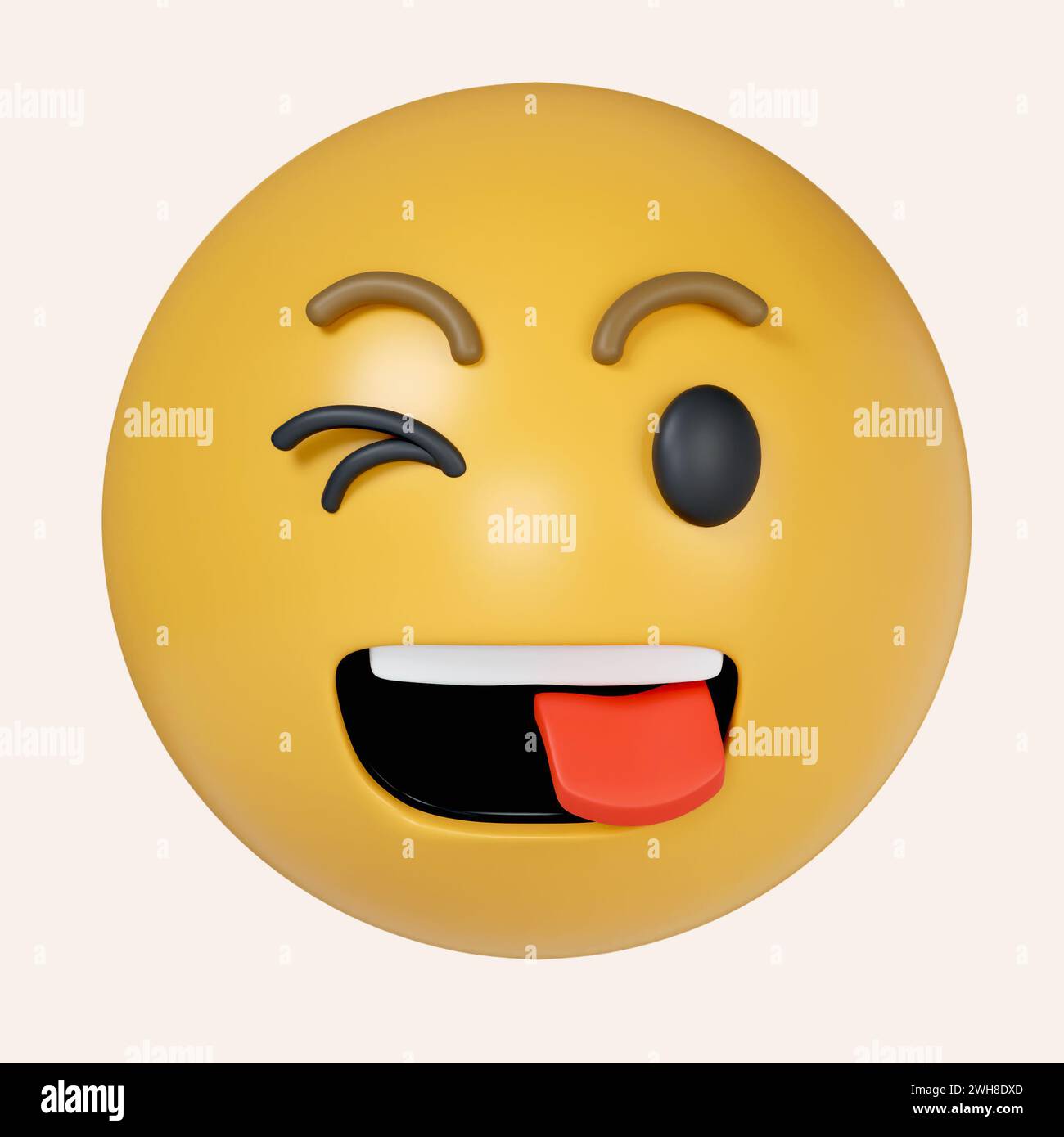3d Winking Face with Tongue. yellow emoji sticking out her tongue and winking. Wackiness, buffoonery. icon isolated on gray background. 3d rendering Stock Photo