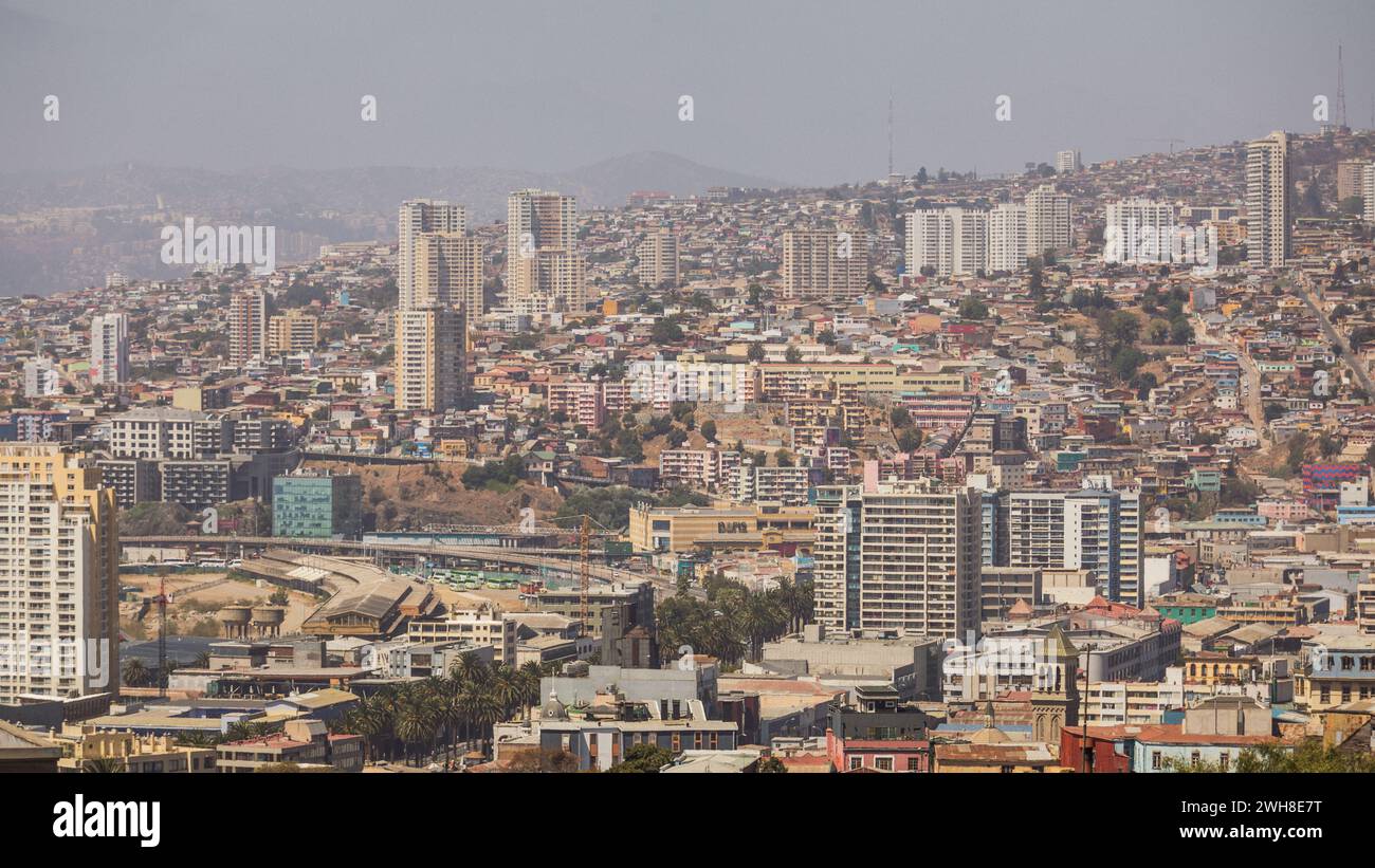 Densley populated, plenty of houses on the slopes of Valparaiso in Chile. Stock Photo