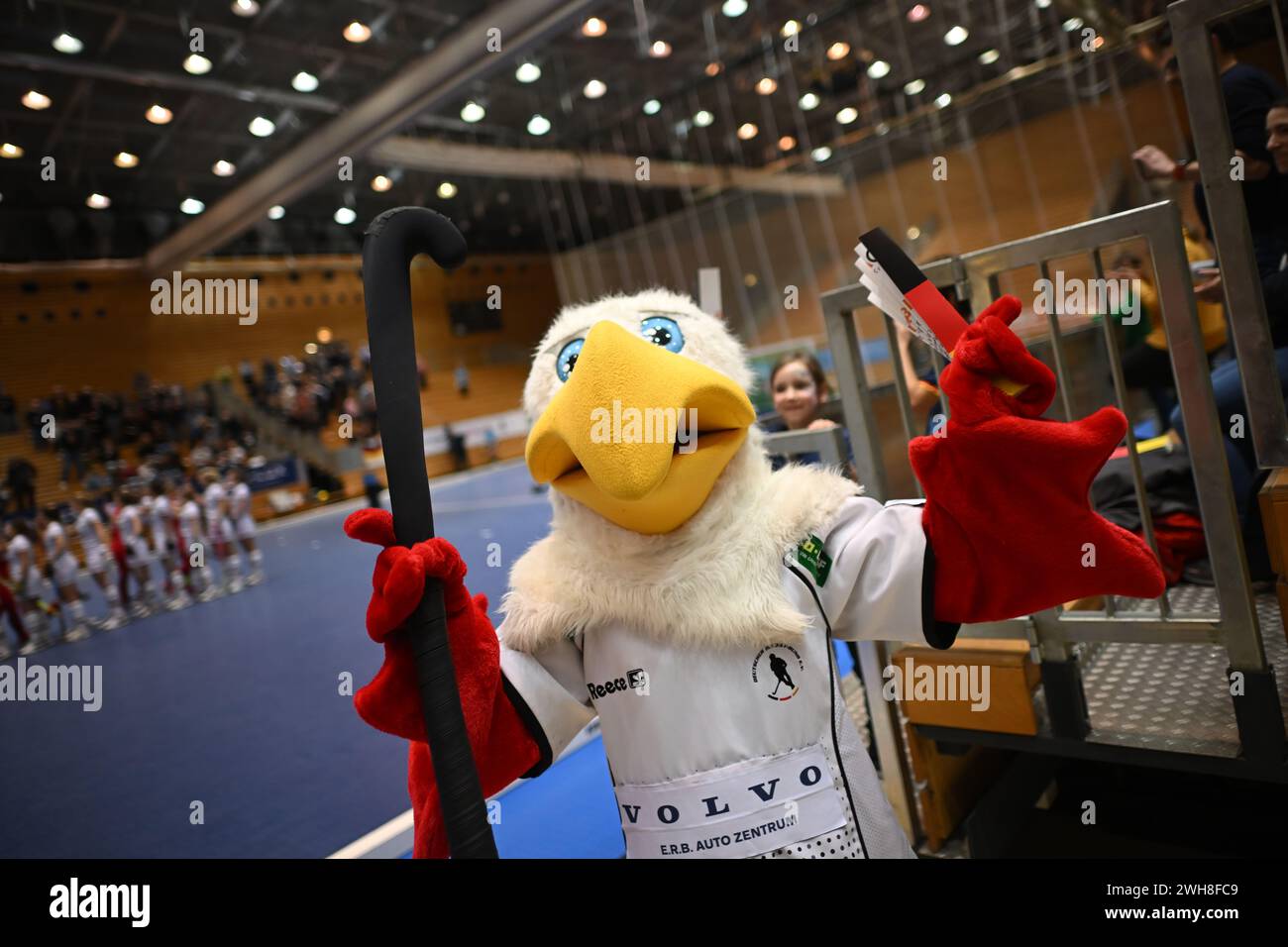 Berlin, Germany. 08th Feb, 2024. Hockey/Hall, Women: European Championship, Germany - Turkey, preliminary round, group A, 2nd match day. Schlenzi, mascot of the German national field hockey teams, stands in the hall. Credit: Sebastian Christoph Gollnow/dpa/Alamy Live News Stock Photo