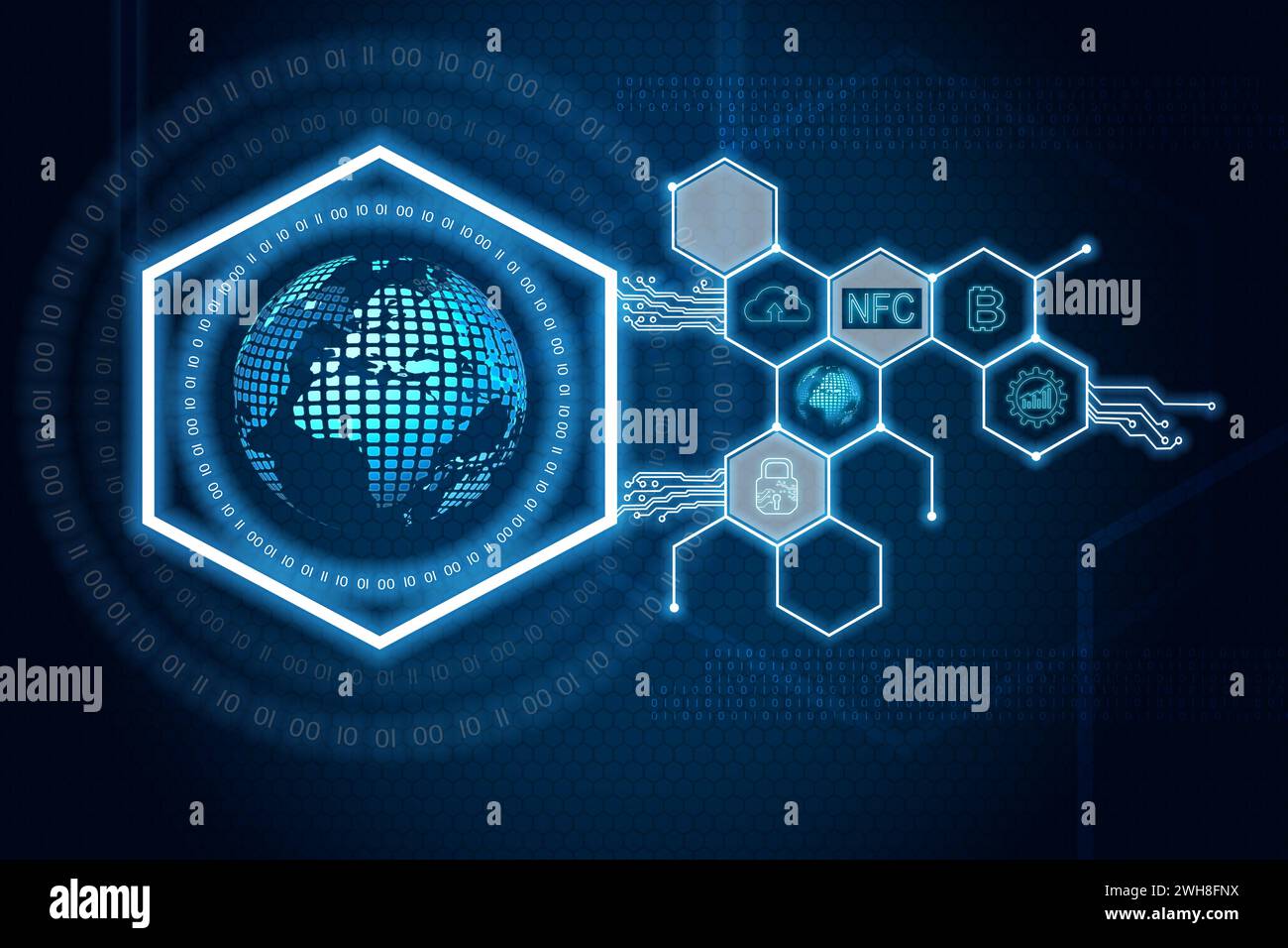 Digital hexagons hologram with digital business icons on virtual screen. Virtual reality and global networking concept. 3d rendering Stock Photo