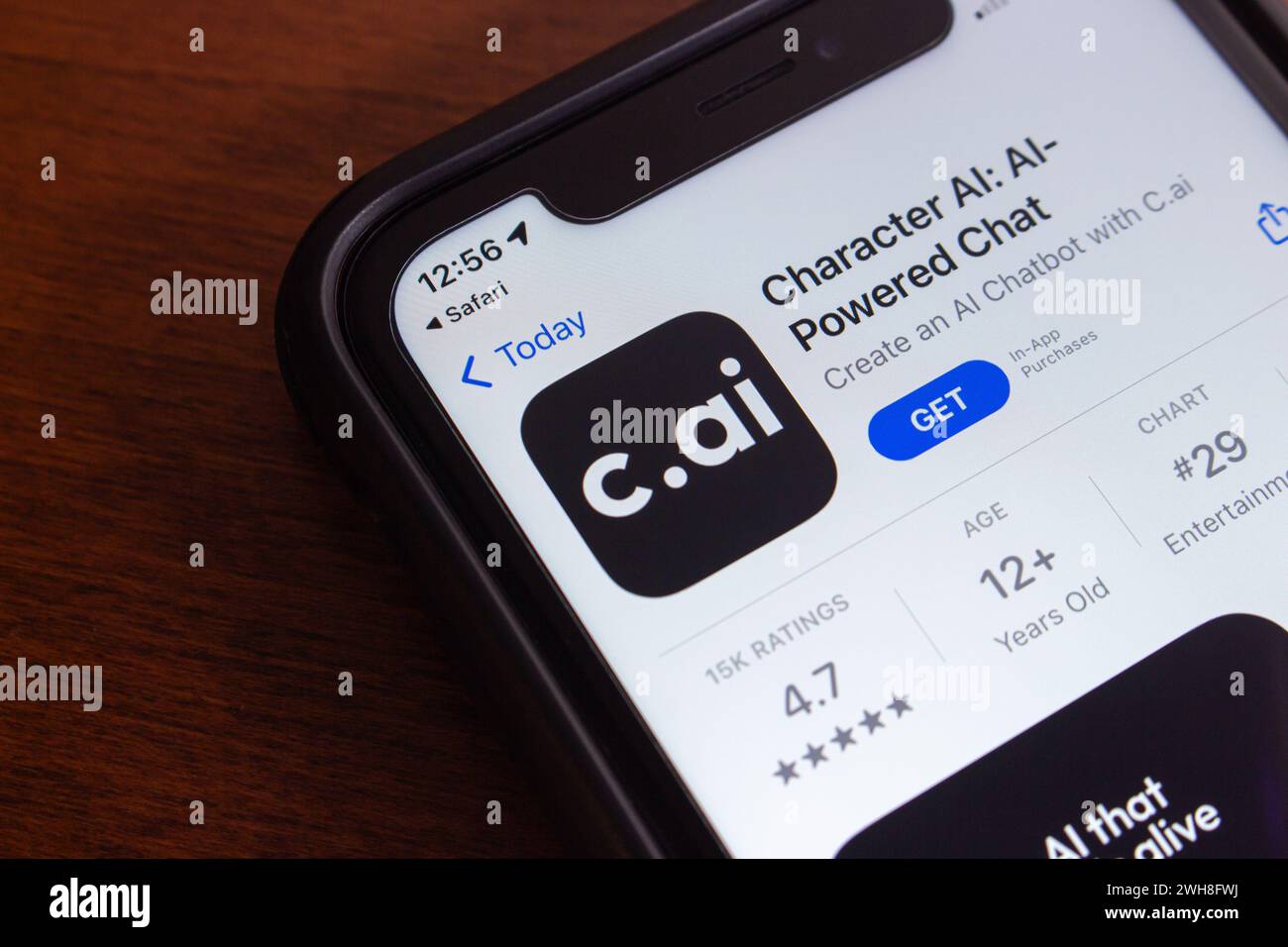 Vancouver, CANADA - Feb 6 2024 : Character.ai app seen in App Store in iPhone screen. Character.ai is a neural language model chatbot service. Stock Photo