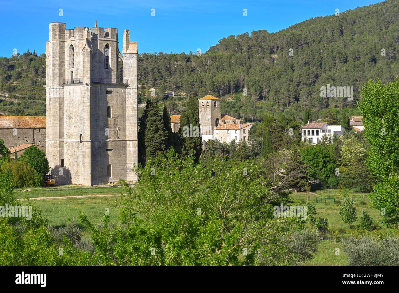A view on the St Mary's Abbey and the St Michel church in the medieval town of Lagrasse, France, taken on a sunny spring morning with no people. Stock Photo