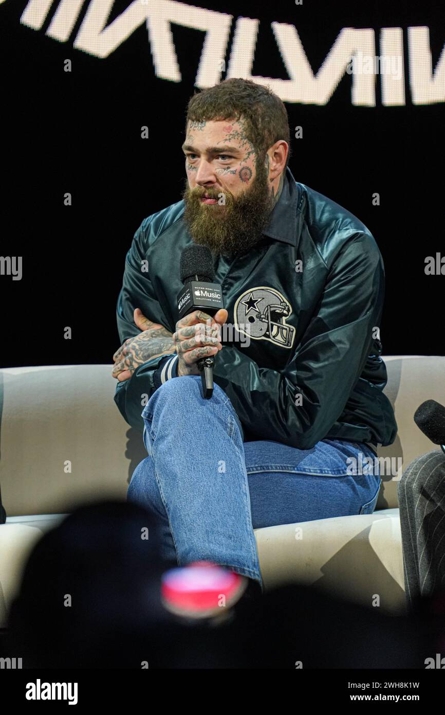 Las Vegas Nevada, USA, February 8, 2024, Rapper Post Malone speaking
