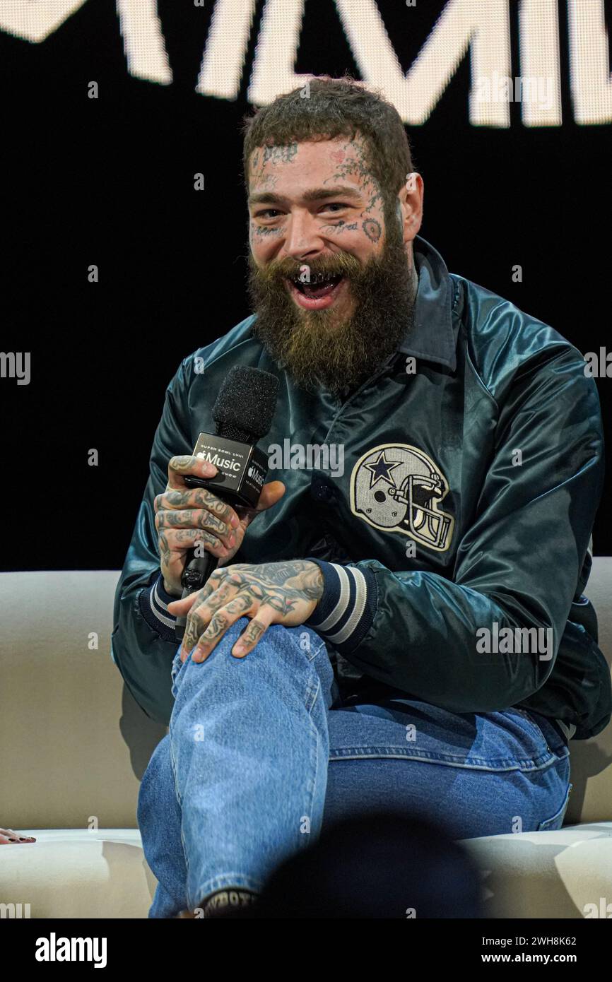 Las Vegas Nevada, USA, February 8, 2024, Rapper Post Malone speaking