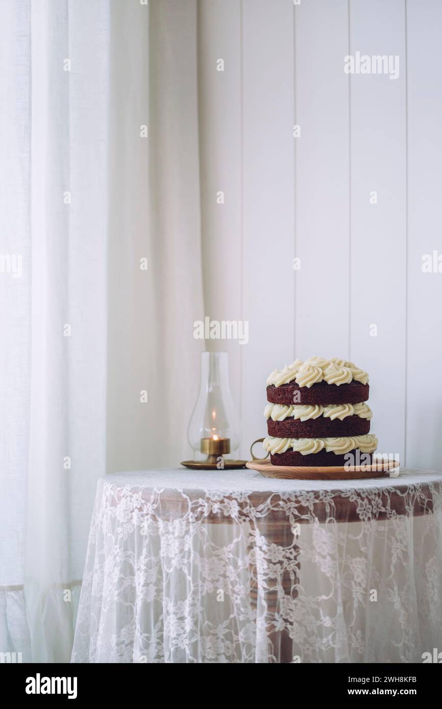 Chocolate sponge and white frosting layer cake on a table Stock Photo